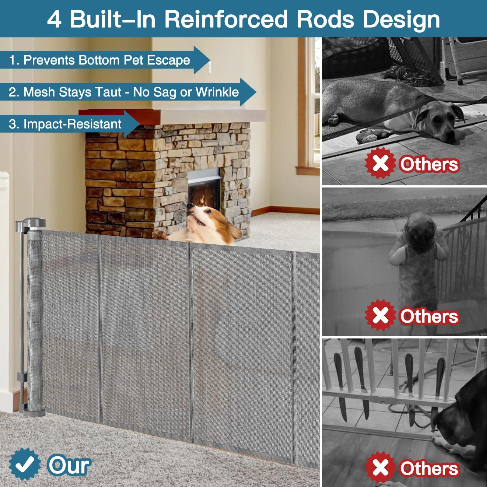 Stcockis 28 Inch Tall Retractable Baby Gates, 80" Wide Reinforced Retractable Dog Gate with Support Rods, Walk Through Pet Gate, Short Dog Gate Retractable Pet Gate, Mesh Baby Gate for Stairs, Doorways, Gray