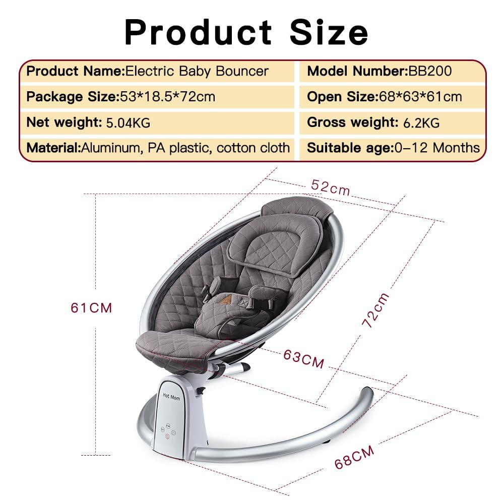 Hot Mom Hot Mom Upgrade Cotton Electric Baby Bouncer for Infant,Bluetooth Baby Swing Enabled Automatic, Baby Rocker Inset Music Speaker, Baby Chair Intelligent Timing & LED Touch Screen (Dark grey1)