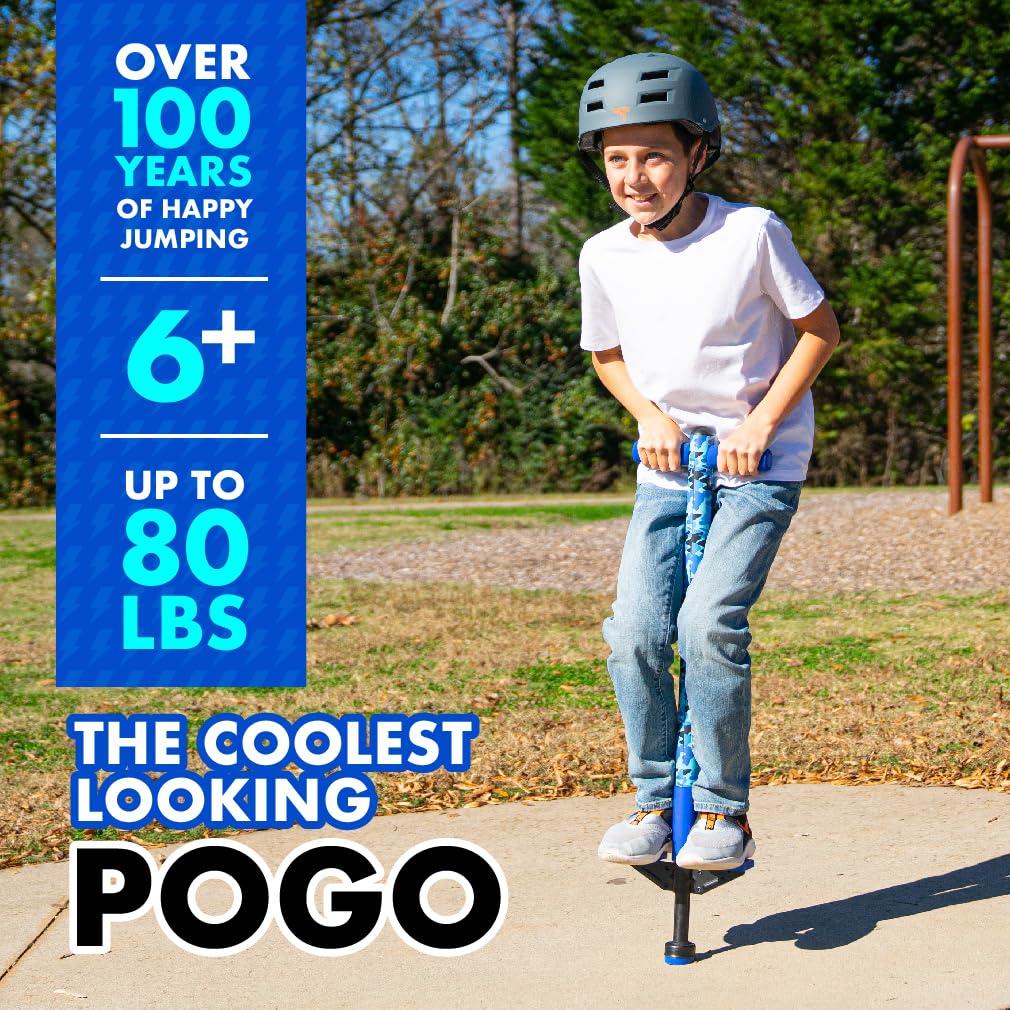 Flybar Flybar Pogo Stick for Kids, 40 to 80 Pounds, Perfect for Beginners, Easy Grip Foam Handles, Anti-Slip Foot Pegs, Outdoor Toys for Boys, Jumper Toys for Girls, Outside Toys for Kids (Jolt, Blue Camo)