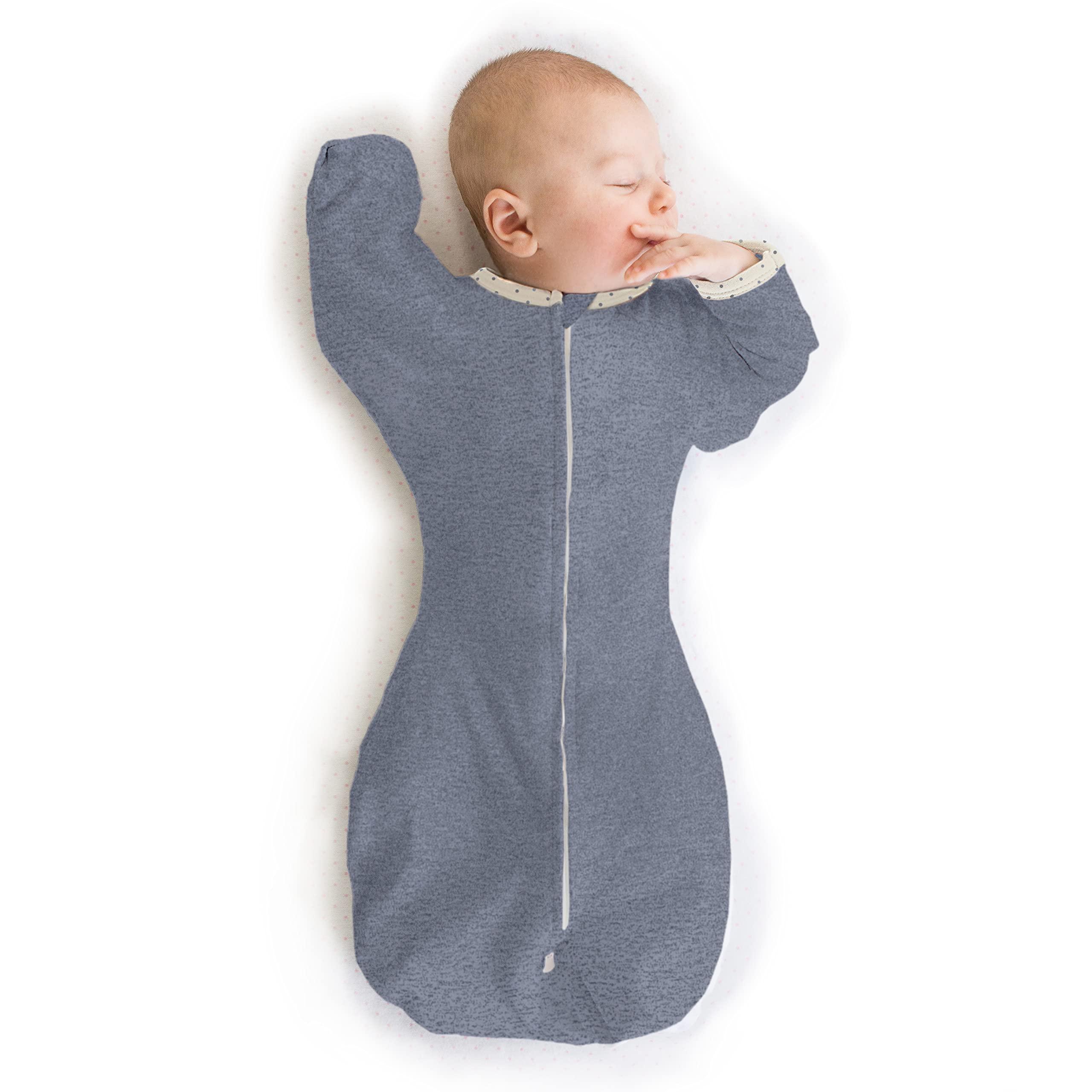SwaddleDesigns SwaddleDesigns Transitional Swaddle Sack, Arms Up Half-Length Sleeves & Mitten Cuffs, Swaddle for Newborn Transition to Baby Sleep Sack Wearable Blanket, Medium, 3-6 Month, 14-21 lb, Heathered Denim