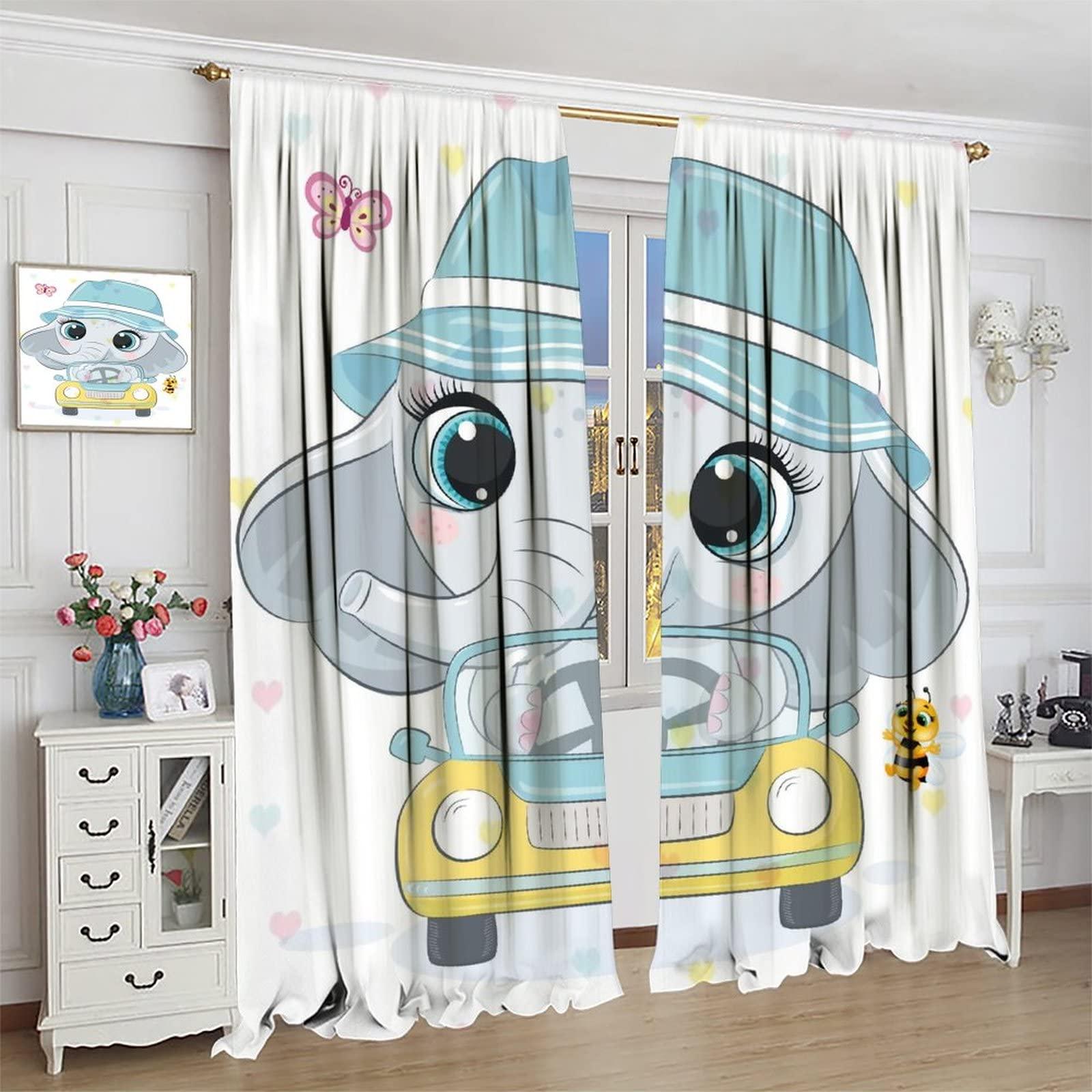 Denruny Cartoon Cute Elephant Curtain Nursery Baby Elephant with Hat Driving Windows Drapes for Nursery Room Kids Room Gifts for Boys and Girls Rod Pocket 2 Panels 21W x 54L
