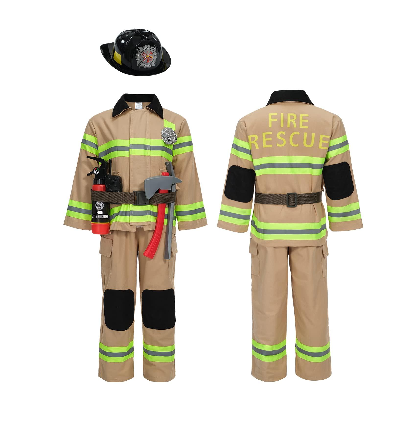 Kosgraiy Kosgraiy Firefighter Costume for Kids,Tan Fireman Costume for Boy and Girl,Kds Fire Chief Costume Outfit,Halloween,9pcs,Size S for Children 3-4Years