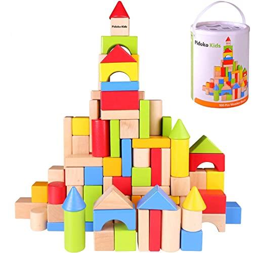 Pidoko Kids Pidoko Kids Wooden Blocks - 100 Pcs - Building Blocks for Toddlers - Includes Storage Container with Shape Sorter Top - Hardwood Plain & Colored Wood Blocks - Preschool Block Learning Toys