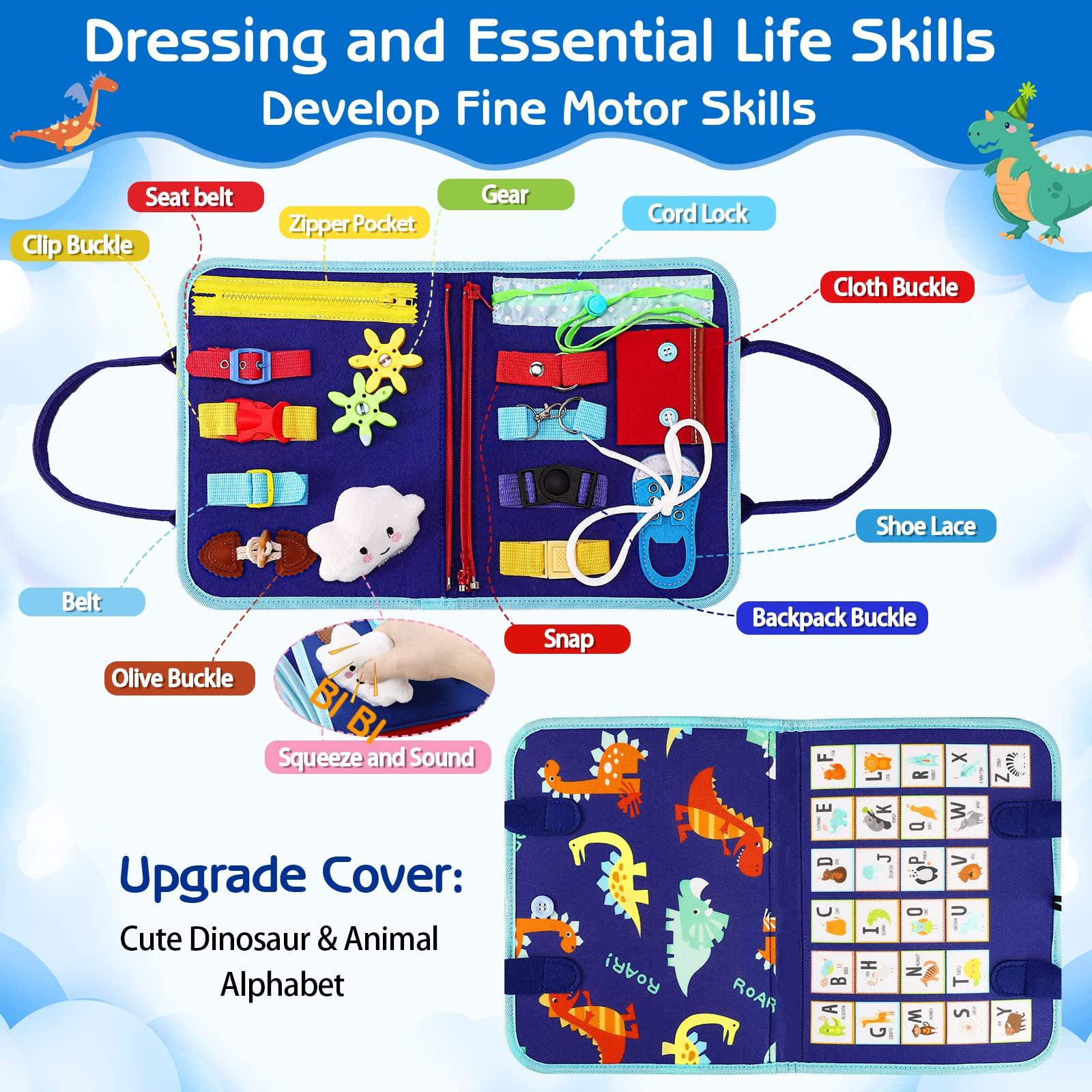 Esjay Esjay Toddler Busy Board Montessori Toys, Sensory Board Educational Activities for Learning Fine Motor Skills, Gifts for Girls Boys Toddlers, Travel Toys for Airplane Car,Blue Dinosaur