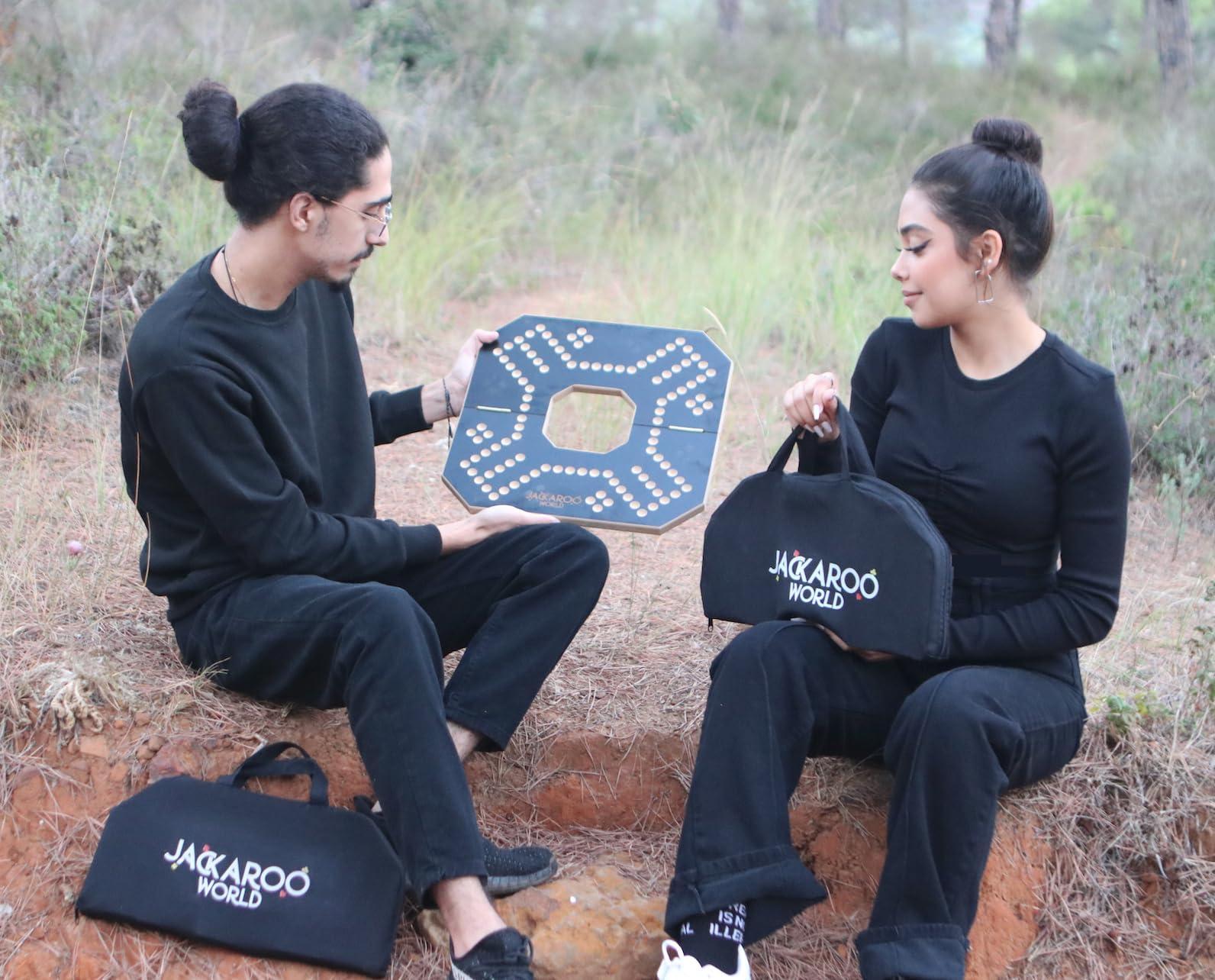 Jackaroo World Jackaroo Board Game - 2-4 Player Cards and Marbles Board Game - Marble Chase Game - Joker Game Board with Marbles - Marbles and Jokers Board Game Wooden Board Foldable and Open in The Middle (Black)