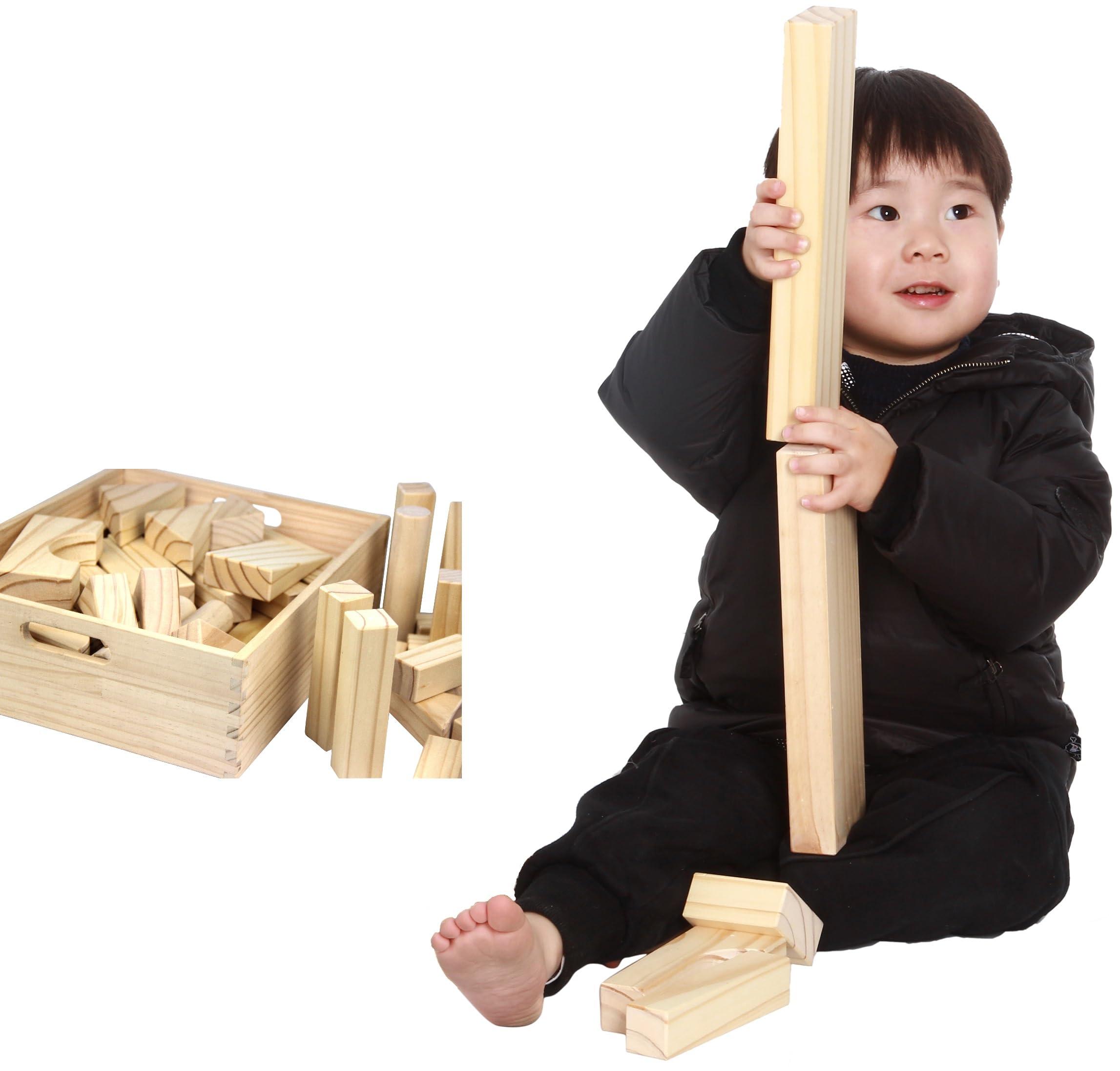 MOD Complete Standard Unit Building Blocks for Toddlers with Storage Tray (64 Pcs) Sanded Wood Blocks for Children, Original STEAM, and STEM Learning, Classic Wooden Toys for Kids Parties and Classrooms