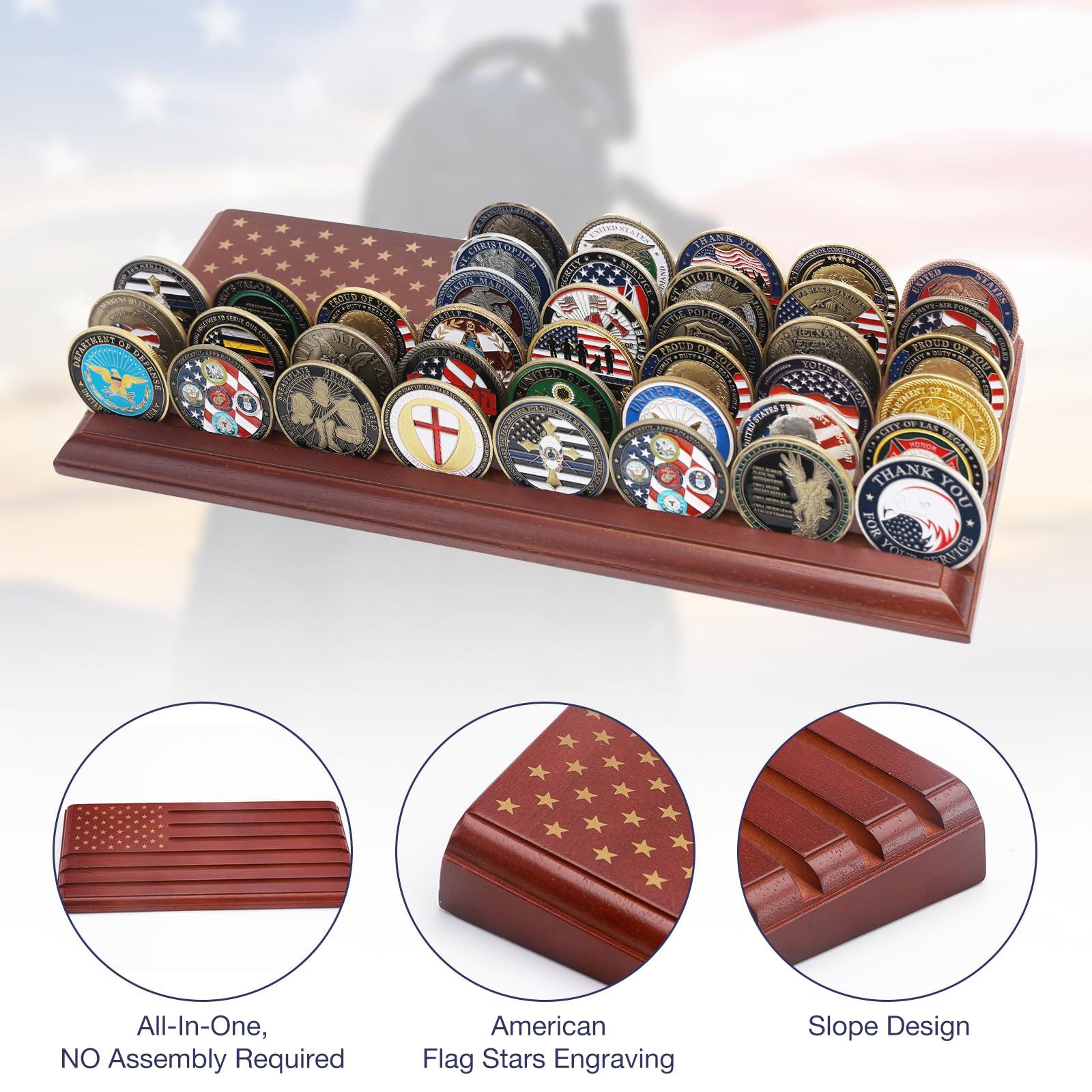 LIUYALO LIUYALO 6-row challenge coin display with United States Flag, challenge coin holder made of 100% solid wood