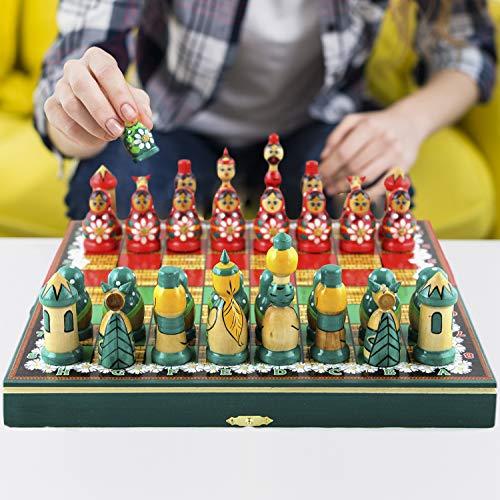 AEVVV Chess Set Board Game Russian Dolls Set - Themed Chess Russian Folk Art Chamomile - Matryoshka Nesting Doll Chess Pieces Wood Decor - Unique Chess Set Souvenirs