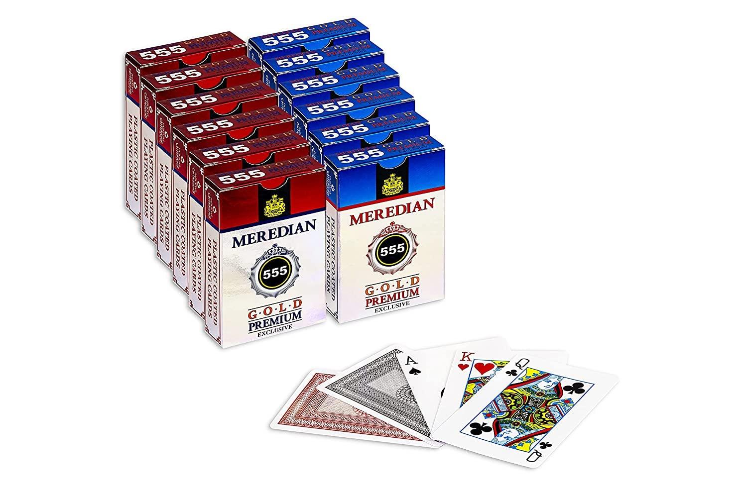 Generic Meredian 555 Gold Premium Exclusive Meredian 555, Paper Playing Cards, Bridge Size, Regular Index, Red & Black, Pack of 12 for Adult