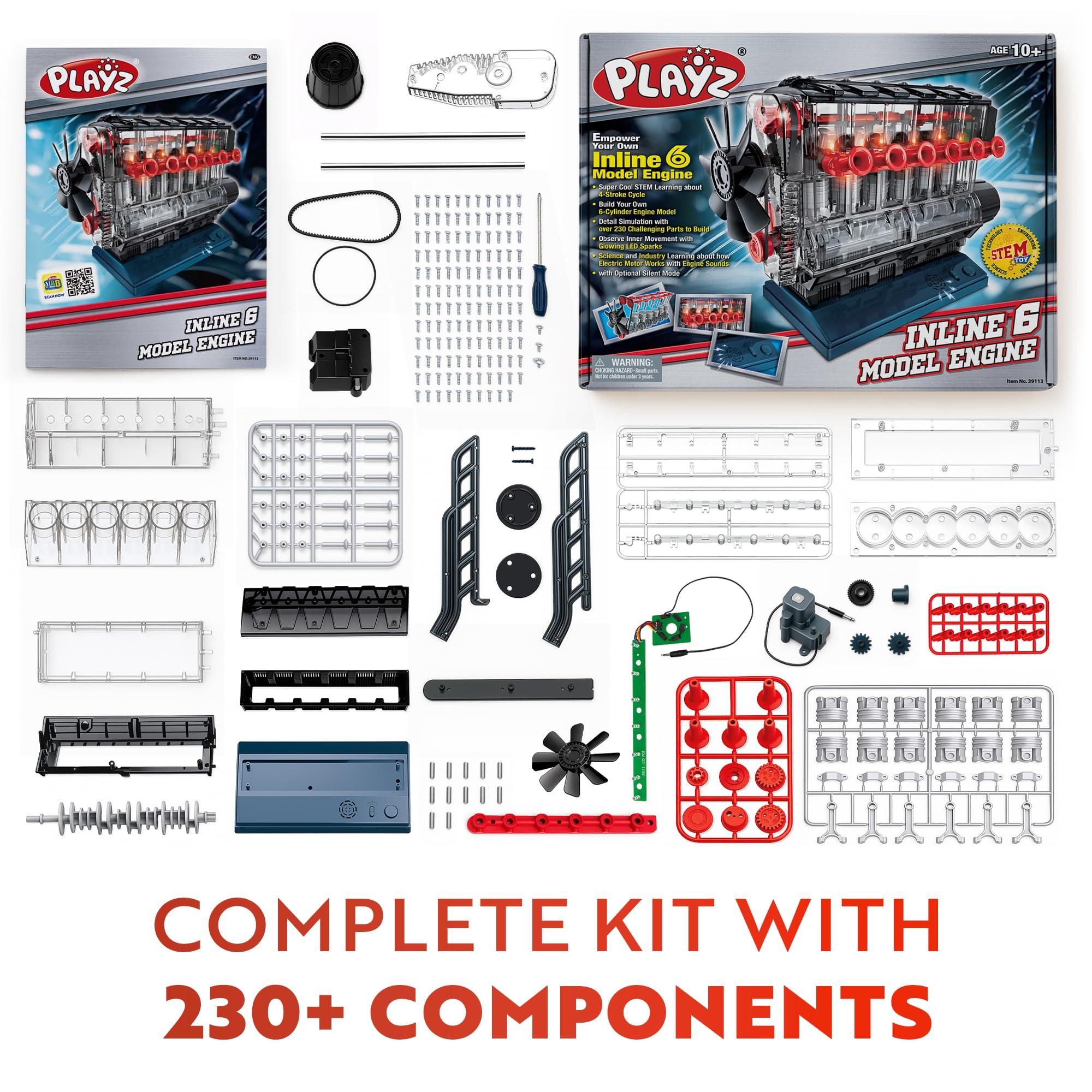 Playz Playz Inline 6 Engine Model Kit - Build Your Own STEM Inline 6 Small Engine That Runs Kit for Adults & Kids Age 10-12+, Visible Inline 6 Mini Engine Kit That Works for Adult w/ 230 STEM Parts
