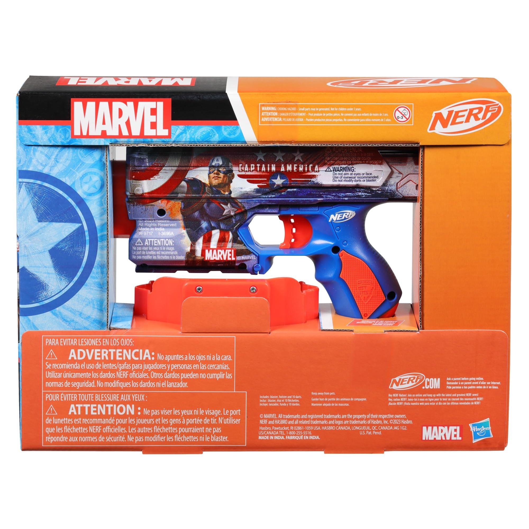 NERF NERF Marvel Captain America Dart Blaster, 10 Elite Darts, Holster, Toy Foam Blasters for 8 Year Old Boys & Girls & Up