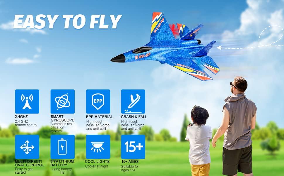 RoofWorld RoofWorld SU-27 RC Plane Remote Control Airplane Blue and Yellow RC Jets Aircraft for Beginners Adults