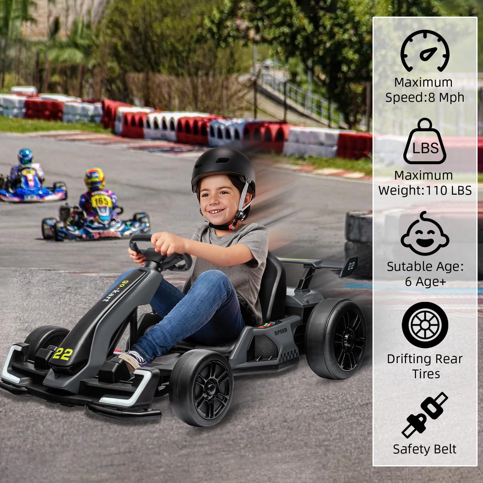 PALBY'S Go Karts for Kids,24V Electric Go Kart With 2 * 150W Powerful Motors,8mph Max Speed,Max Load 110lbs,W/Button Start,Lights,Safety Belt, Music Age 6-12-GREY