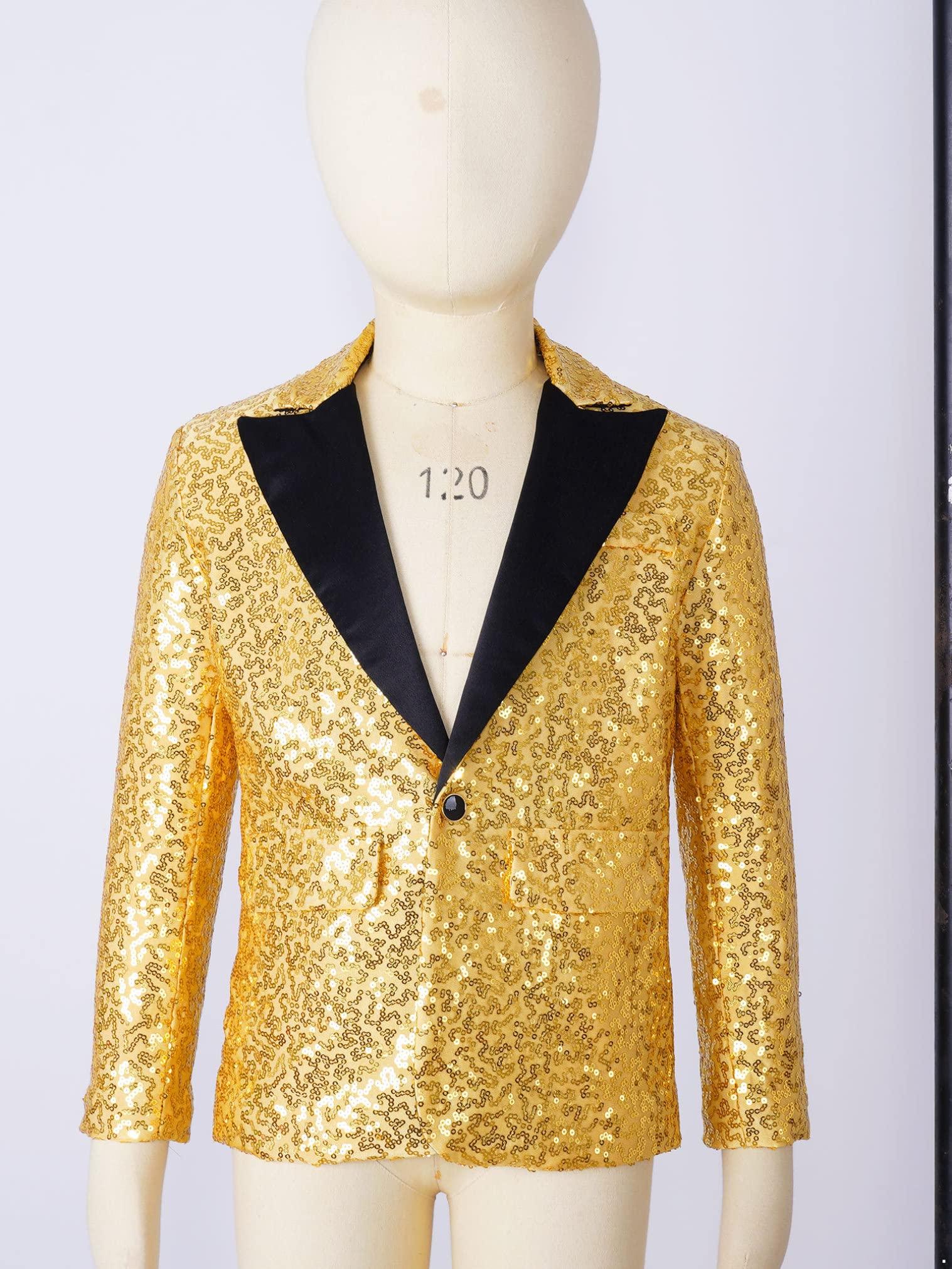 JEATHA JEATHA Kids Boys Shiny Sequins Wedding Pageant Blazer Coat Long Sleeves Jacket Modern Dance Costumes Gold 10
