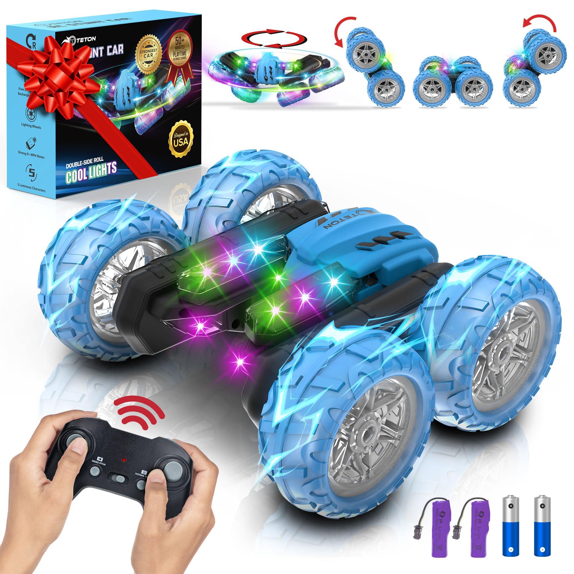 TETON ELECTRONICS RC Stunt Car Double Sided roll,360Rotating Teton Remote Control Car-LED Headlights and Colourful Light Wheels,All Terrain,Rechargeable Toy Cars for 6-12 Year Boys Girls Christmas Birthday Gift