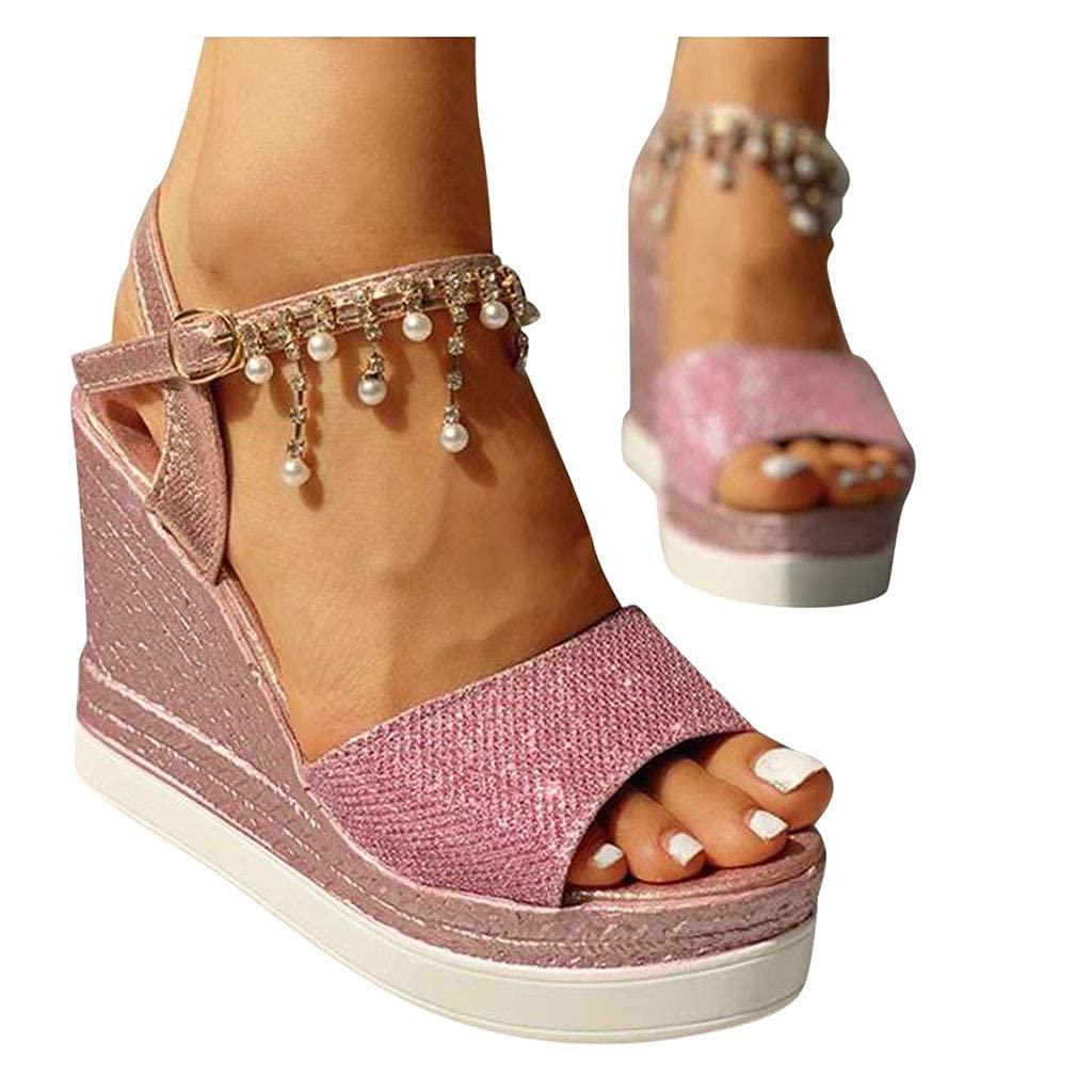 ZBYY ZBYY Women's Wedge Platform Sandal,Summer Dressy with Pearl Open Toe Platform Sandals Ankle Strap High Heels Sandals