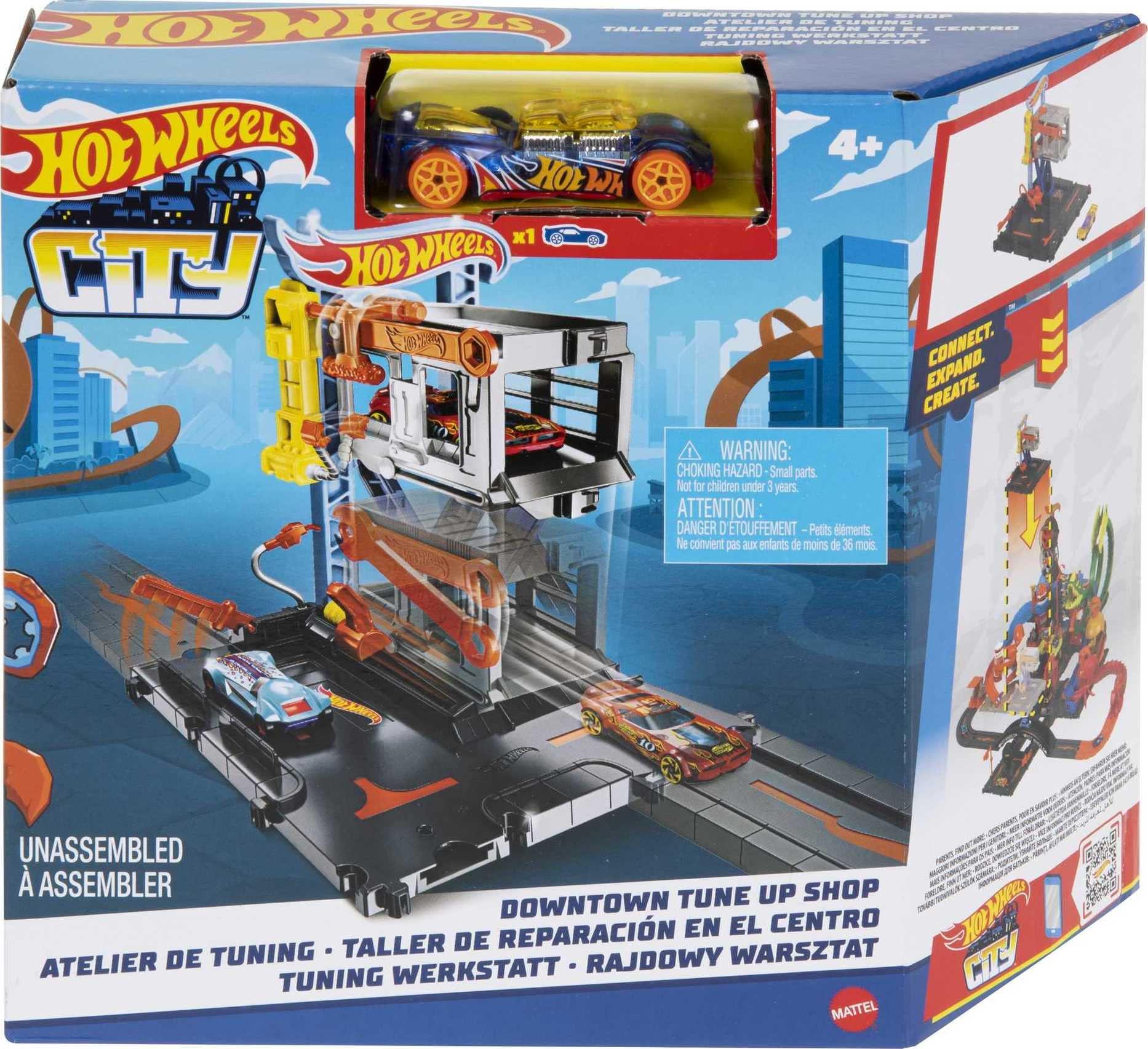 Hot Wheels Hot Wheels City Toy Car Track Set Downtown Repair Station Playset with 1:64 Scale Vehicle, Working Lift & Launcher