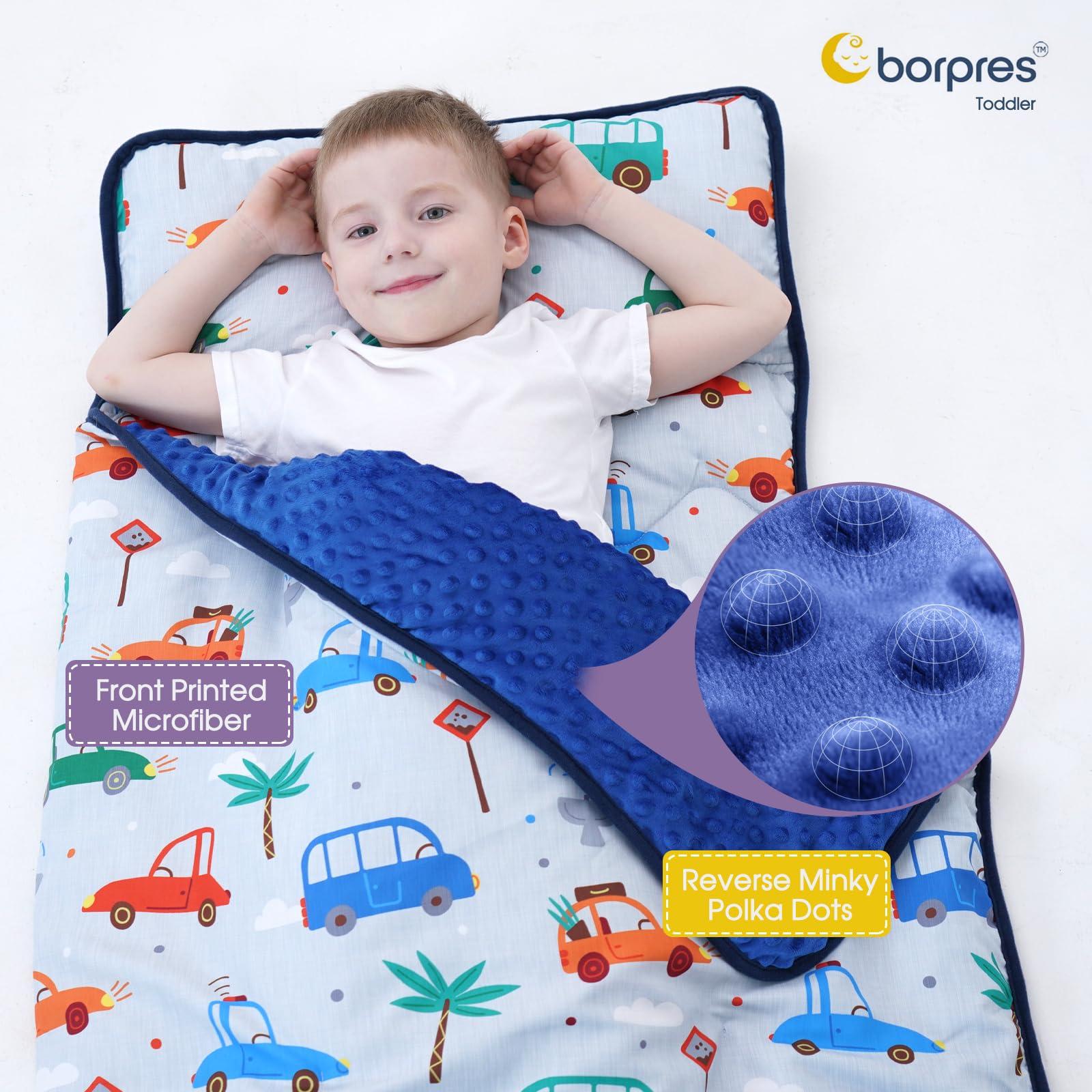 BORPRES Nap Mat with Pillow Blanket Set: Cars Sleeping Mats for Toddler Kids - Thick Large Roll up Slumber Bag for Daycare Preschool Kindergarten Boys Girls