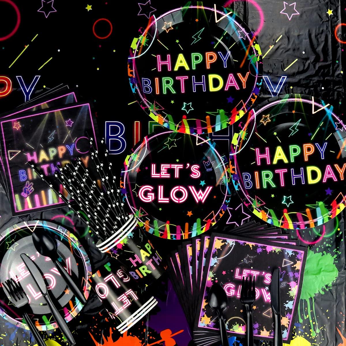 Ywediim Glow Neon Party Supplies - Glow in the Dark Birthday Let\'s Glow Backdrop Banner, Plates, Glow Sticks, Tablecloths, Cups, Napkins, Neon Balloons, for Blacklight Party Decorations Serves 20 (Set A)