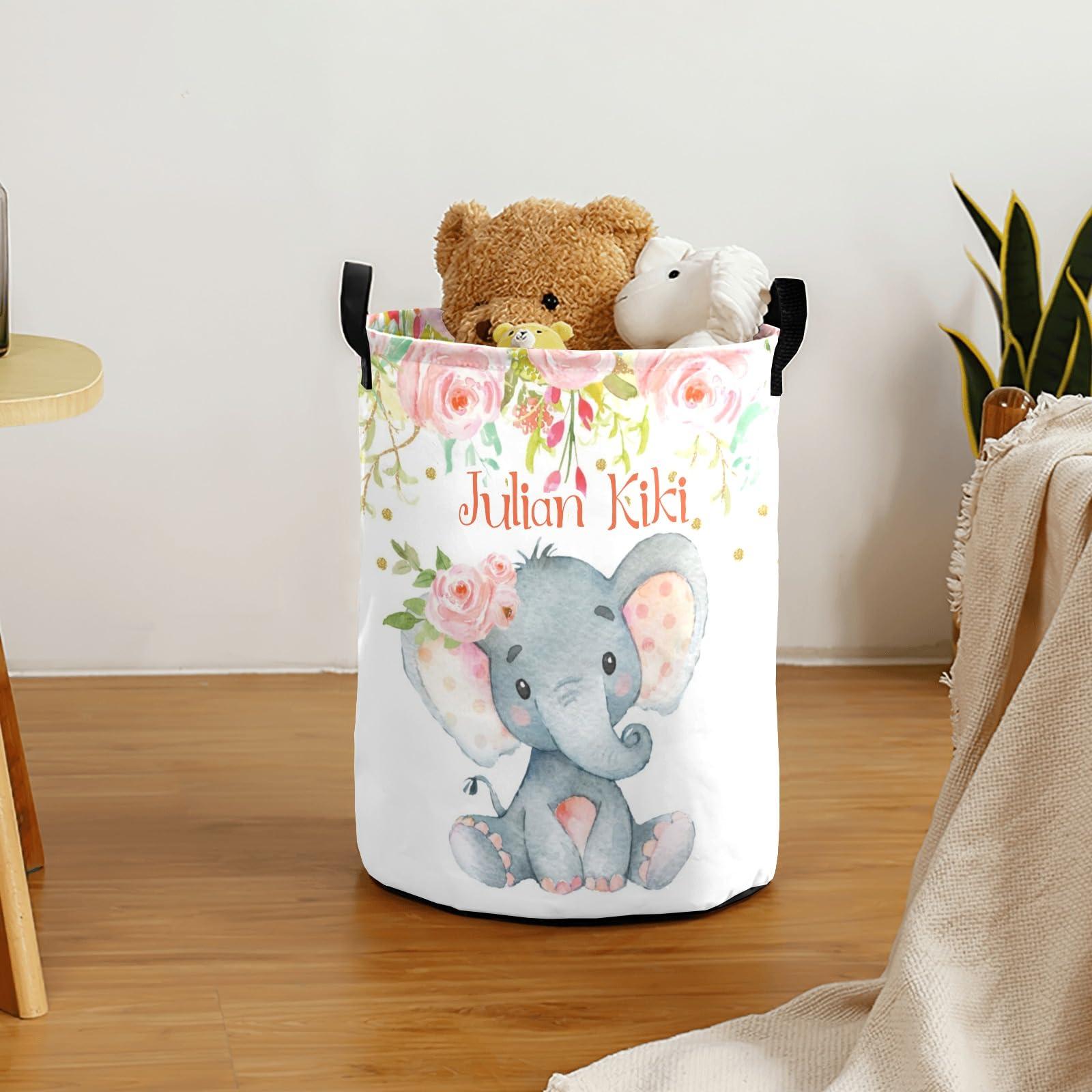Joyestore Pink Flower Elephant Personalized Laundry Basket,Custom Name Collapsible Waterproof Laundry Hamper Storage Bins with Handle for Clothes,Toys Nursery