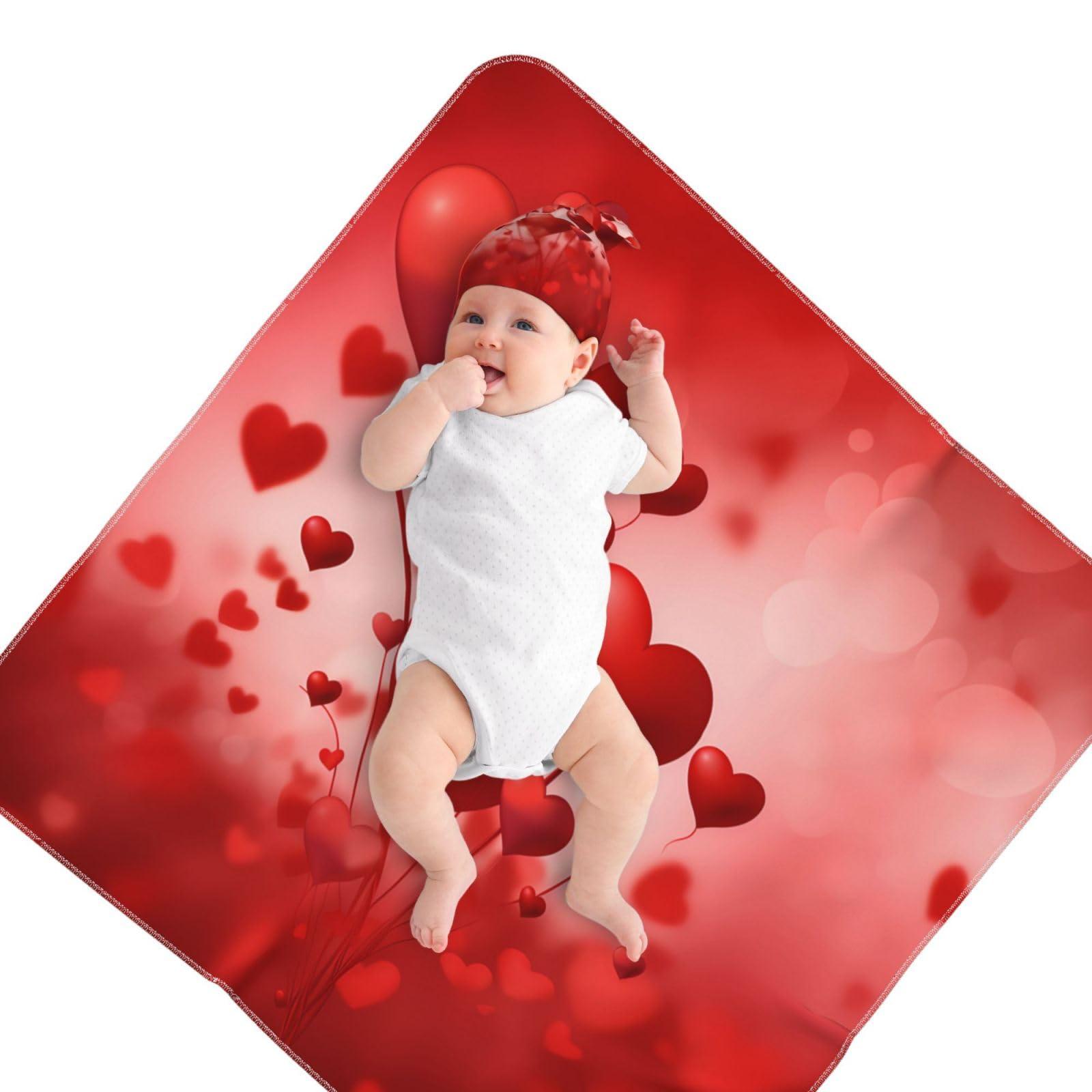 Fiephvsa Red Heart Shape Balloon Baby Swaddle Blanket with Beanie Set, Newborn Receiving Blankets 35.4"X 35.4" Valentine's Day Soft Swaddle Wrap Baby Stuff for Infant Boy Girl Gift