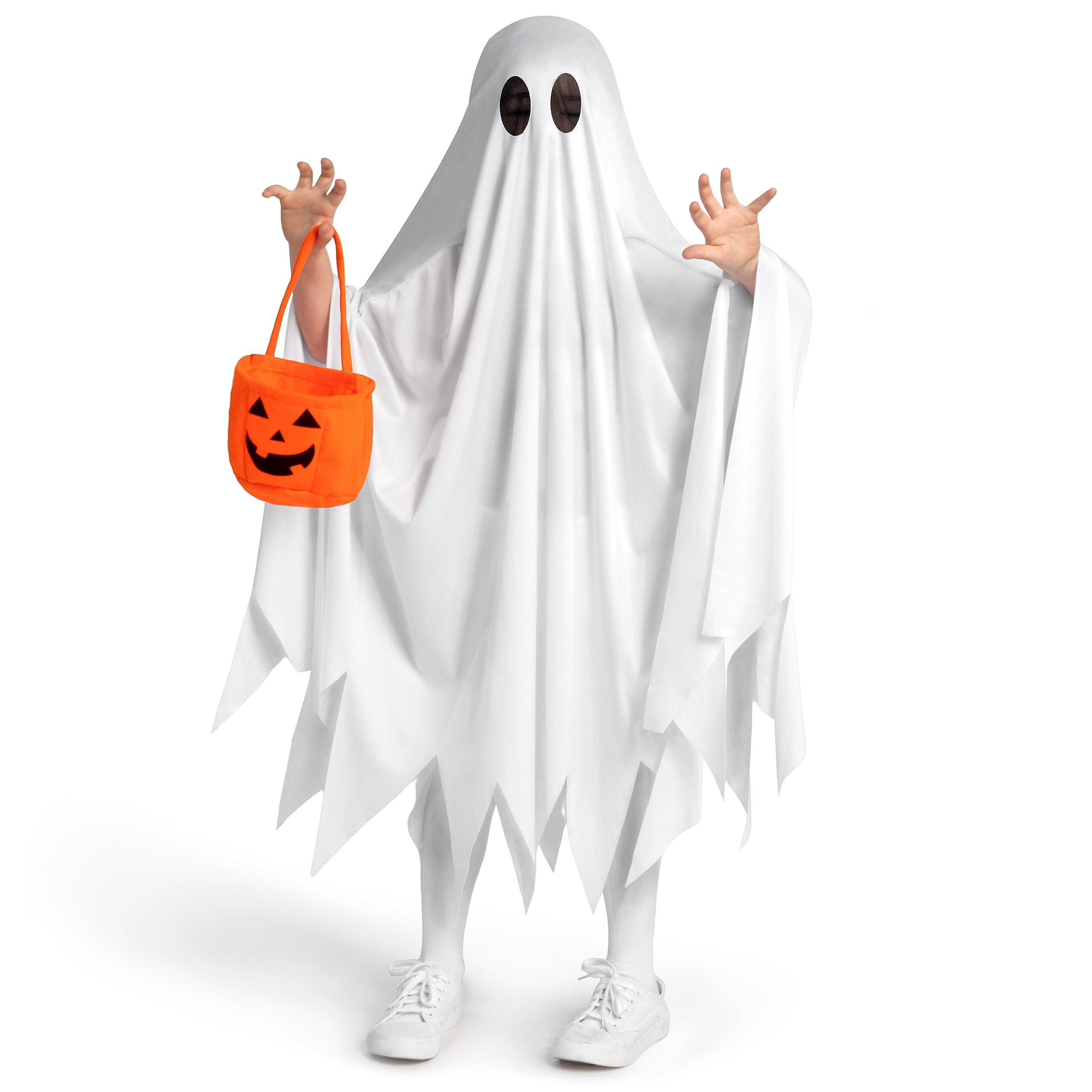 Spooktacular Creations Spooktacular Creations Kids Ghost Costume, Halloween Ghost Costume, White Silent Ghost Costume with Pumpkin Bag for Boys, Girls Halloween Dress Up, Role Play-S