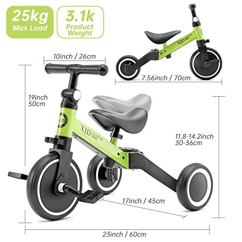 XJD XJD 5 in 1 Toddler Bike, Tricycle for Toddlers 1-3 with Adjustable Seat Height, Removable Pedals, Ideal Balance Bike Birthday Gifts and Toys for Boys and Girls (Green)