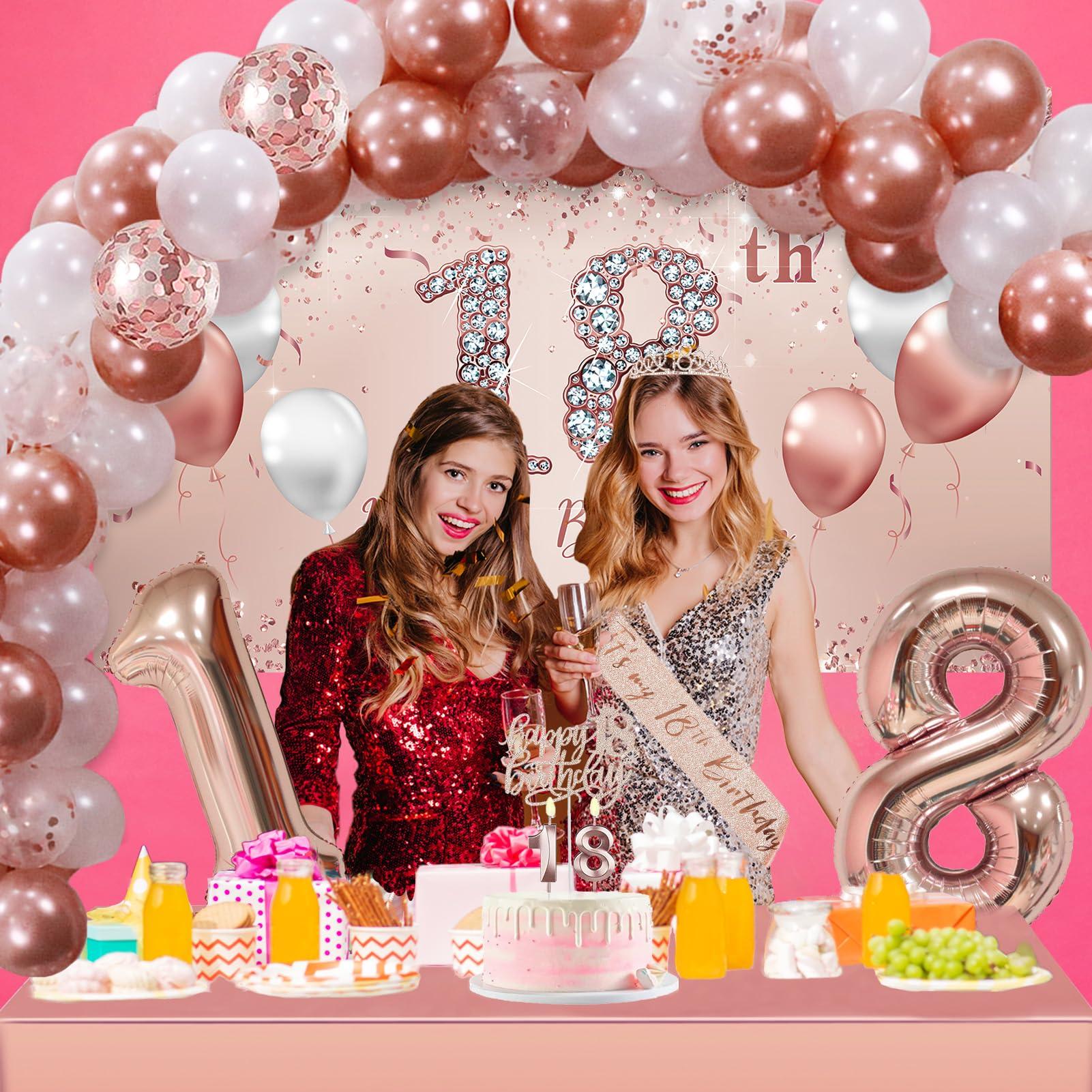 Trgowaul Trgowaul 18th Birthday Decorative Balloon Set Women\'s Arch, Rose Gold 18th Birthday Banner and Party Tablecloth, Belt and Tiara, Pink Gold 18th Balloon, Pink Birthday Cake Top, Latex Balloon * 60