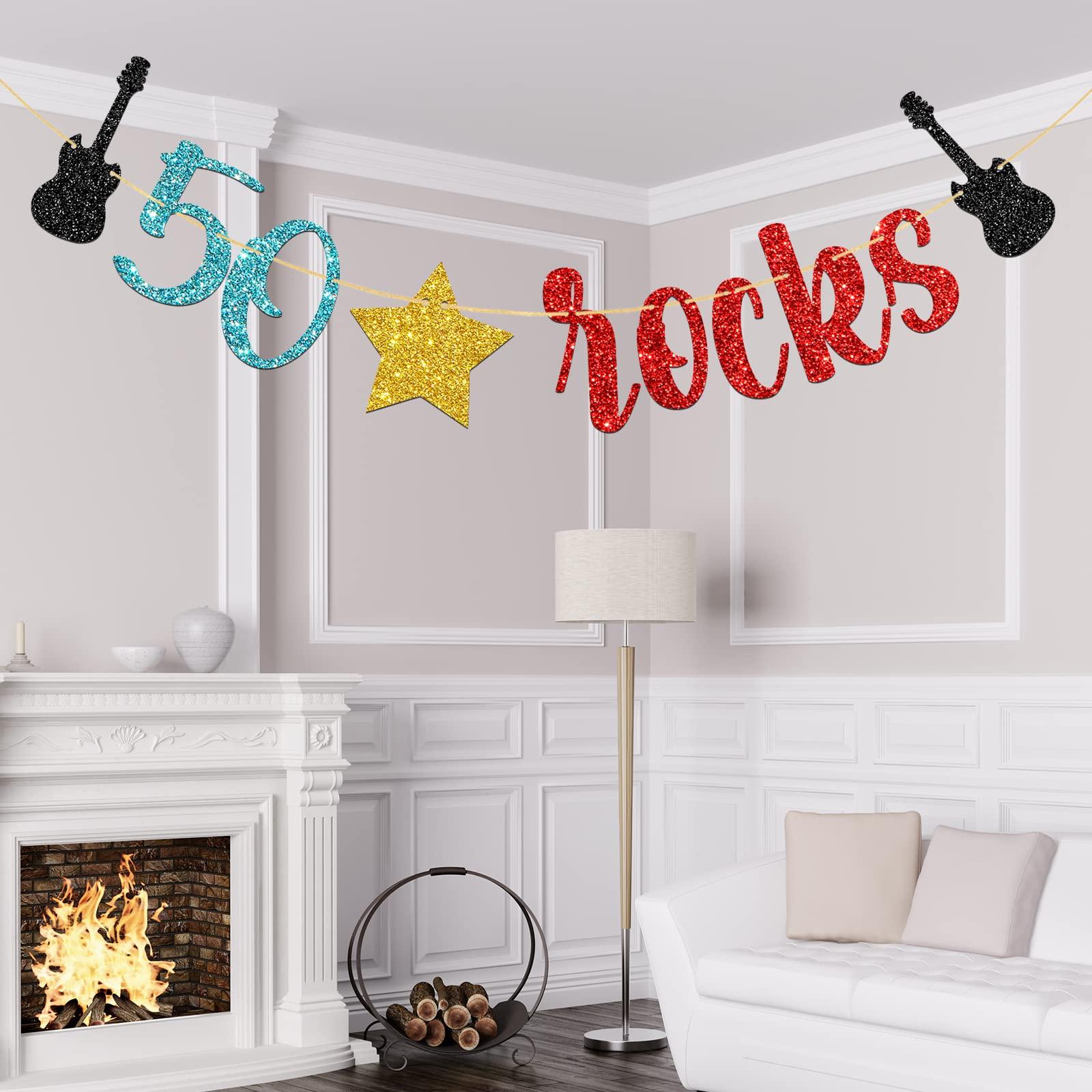 WeBenison WeBenison 50 Rocks Birthday Banner Rock and Roll Music Theme 50th Birthday Banner / 50\'s Rock Guitar Birthday Party Decorations Glitter (50)