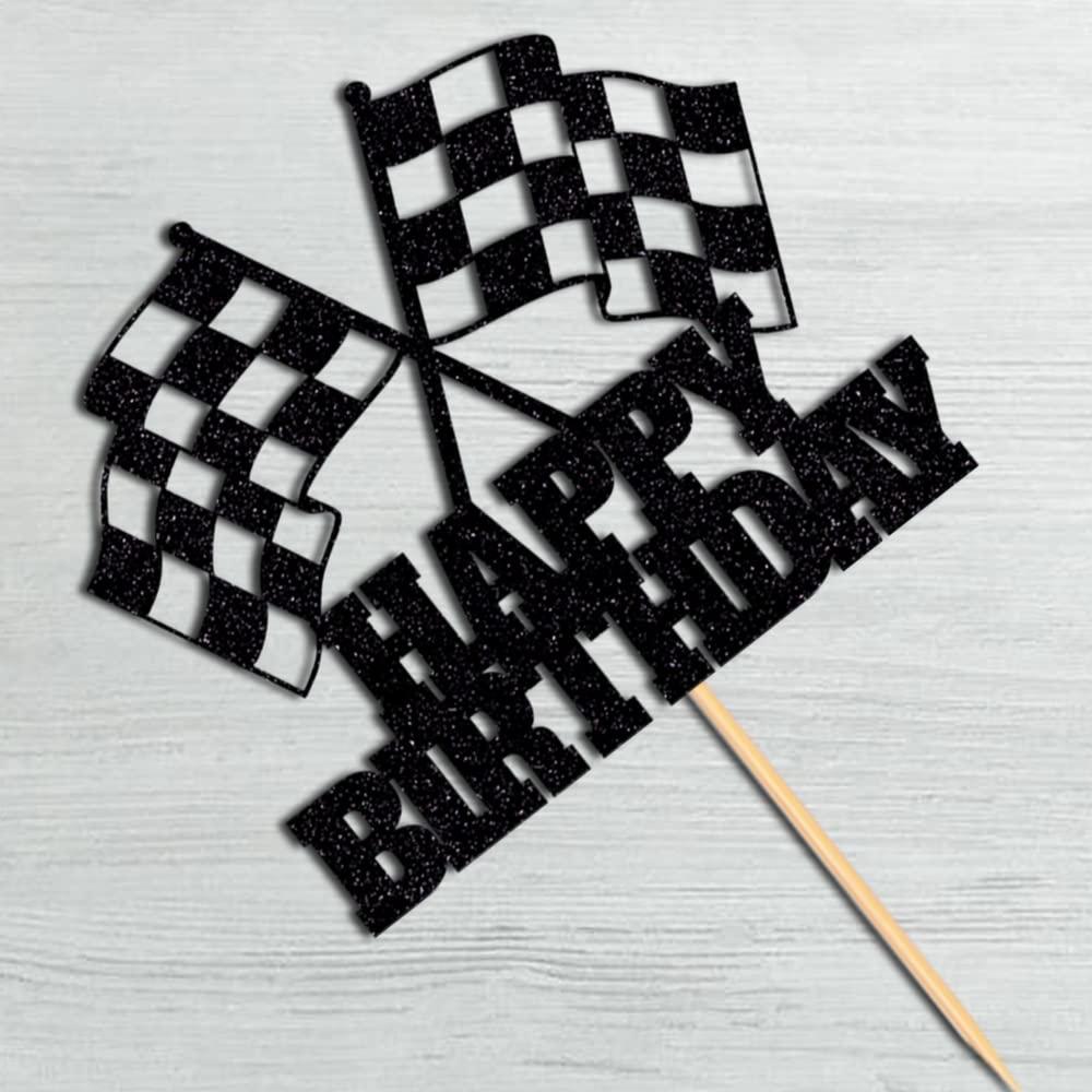 WRACKKIAR WRACKKIAR Race Car Cake Topper - Checkered Flag, Glitter, Happy Birthday Theme Cake Decor