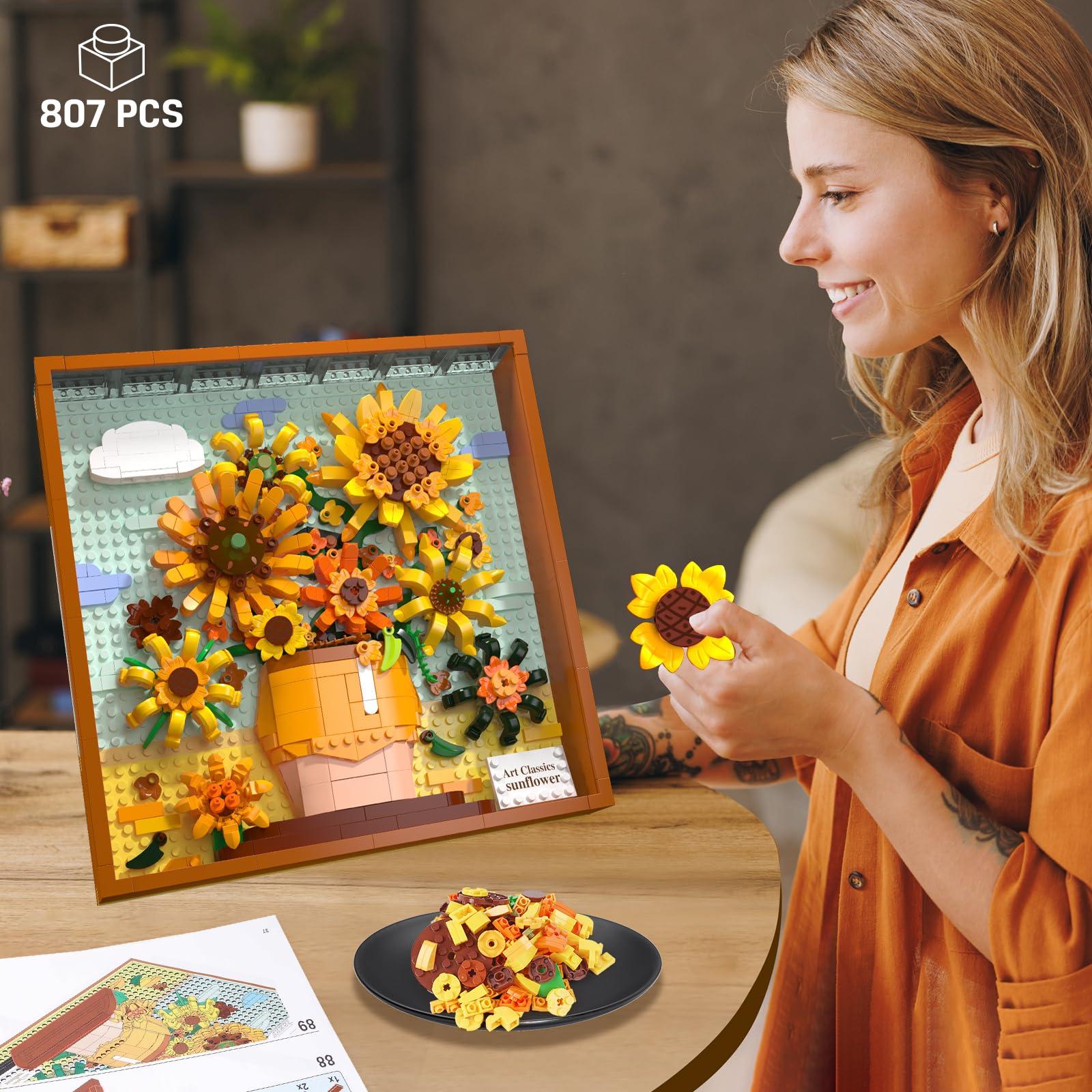 HOGOKIDS HOGOKIDS Flowers Sunflower Building Set with Lights - Vincent Van Gogh Painting Frame Artwork Mini Building Blocks Toy for Home Dcor Wall Art Architecture Sets for Adults Teens - 807PCS