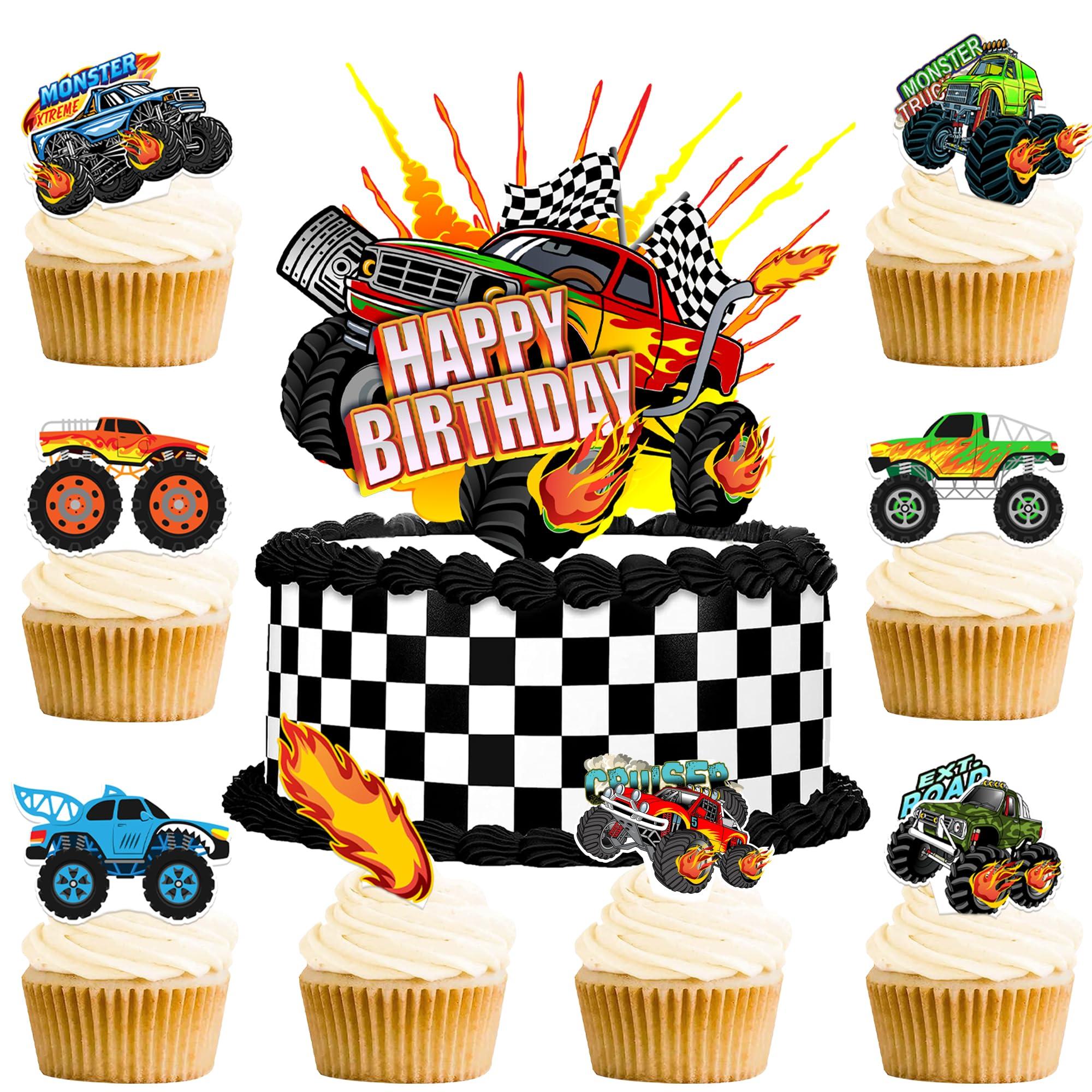 Haxpacal Haxpacal Truck Cake Topper, 49pcs Monster Car Theme Birthday Party Supplies, Red, Green, Blue Cake Decorations for Kids Birthday, Baby Shower Party Decorations