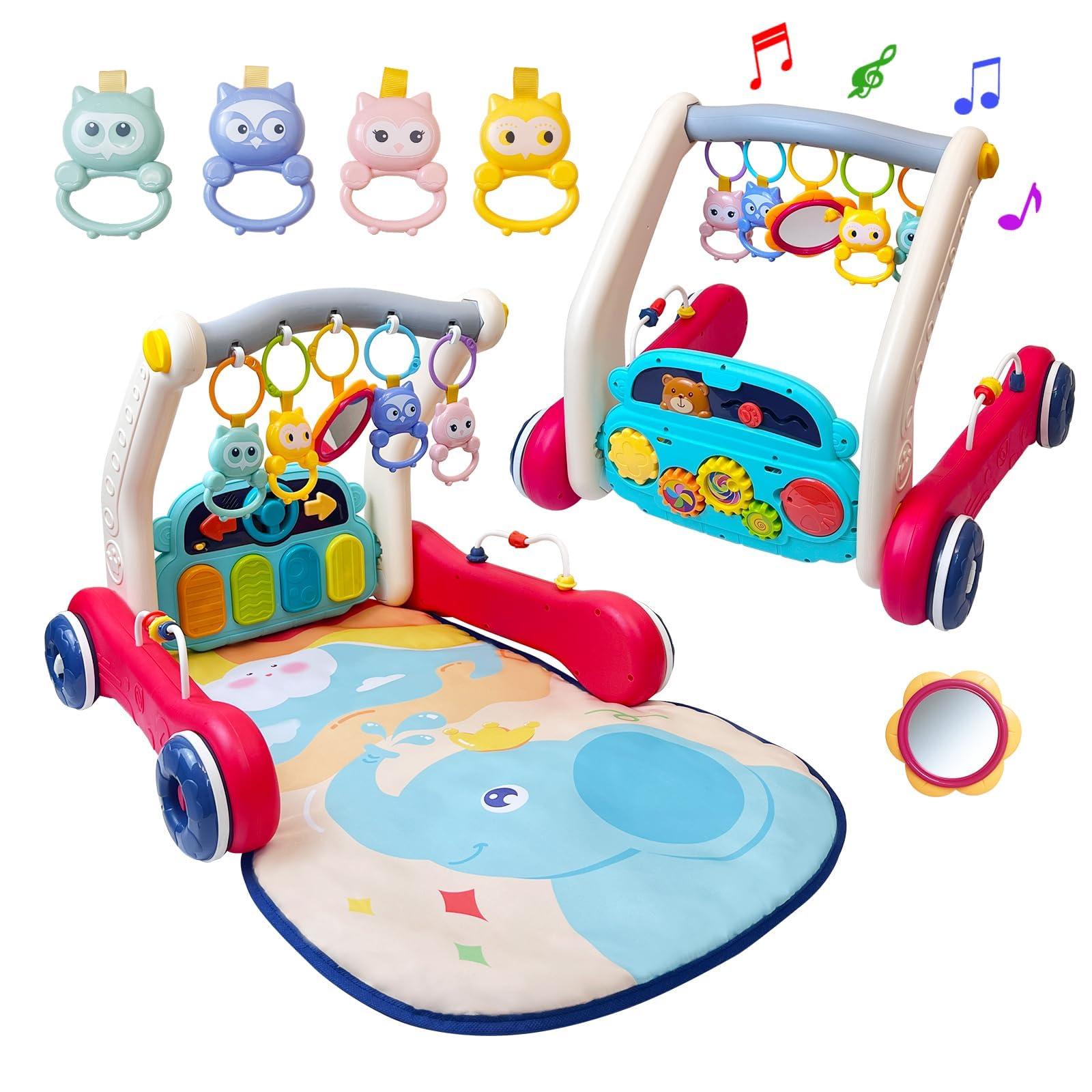 Cuterabit Baby Gym Play Mat & Baby Walker, Baby Activity Center with Music and Light, Tummy Time Mat, Push Toys for Toddler, Detachable Play Piano and Rattles for Newborn Babies Infants Boys Girls