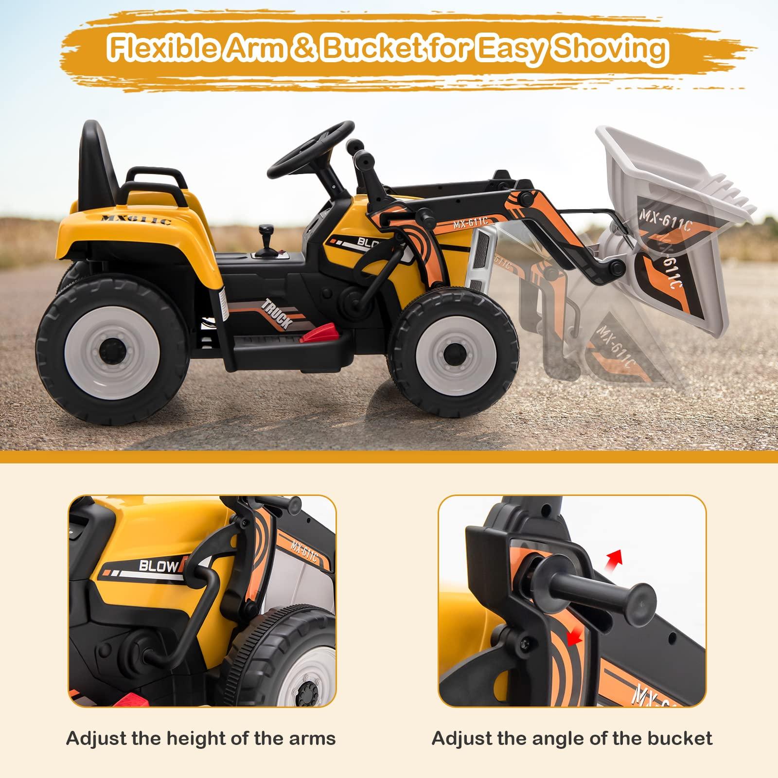 HONEY JOY HONEY JOY Ride On Excavator, 12V Kids Bulldozer Ride On Car w/Remote Control, Electric Construction Vehicle for Kids Digger, 3 Speeds, Adjustable Digging Bucket, Ride On Tractor for Boys Girls(Yellow)