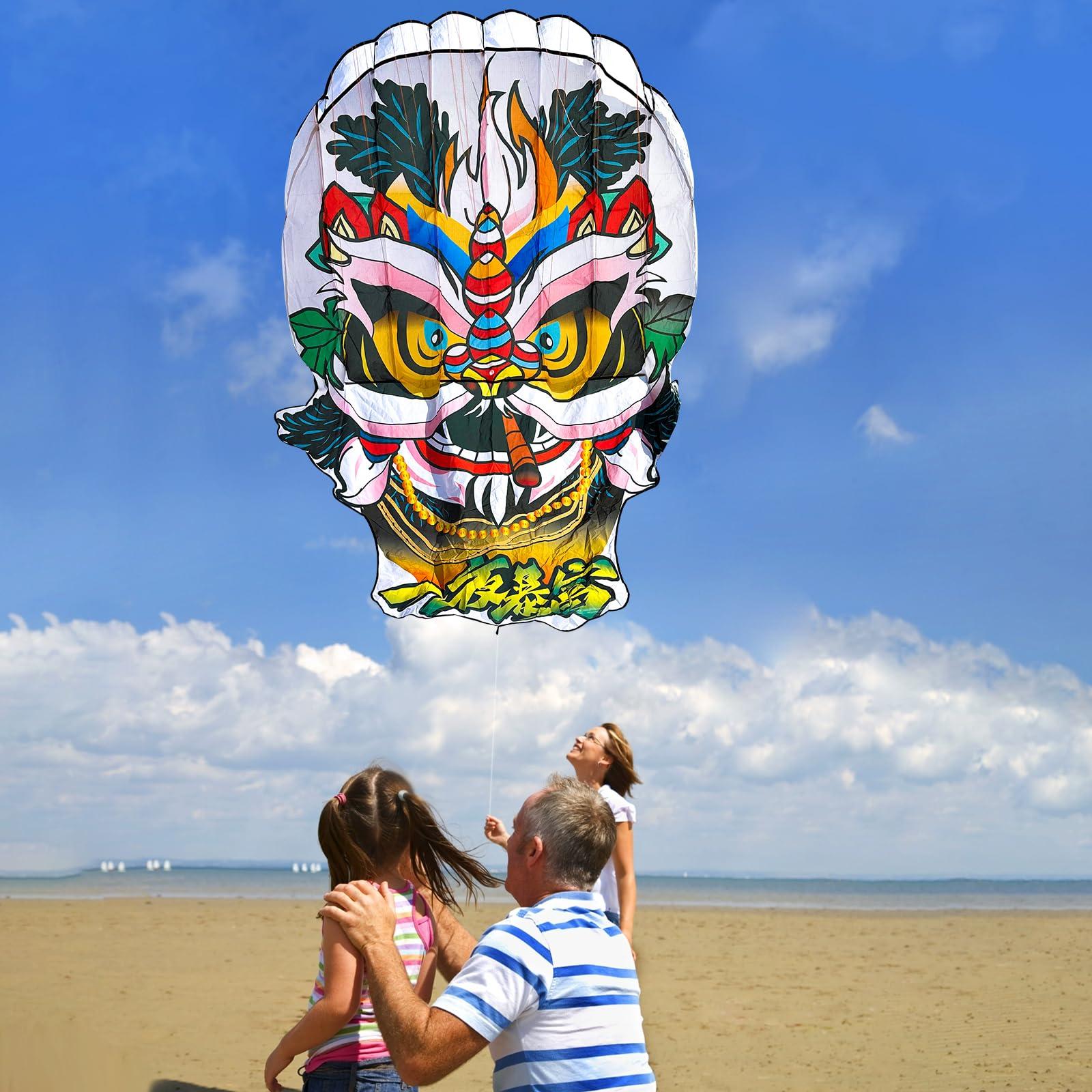 Catch&Hunt Large Kites for Adults,3D Beijing Opera Lion Frameless Soft Umbrella Giant Flying Kites,Easy to Fly with 330Ft Kite String in Beach and Amusement Parks-Ages 12+ (60\" W x 90\" H)