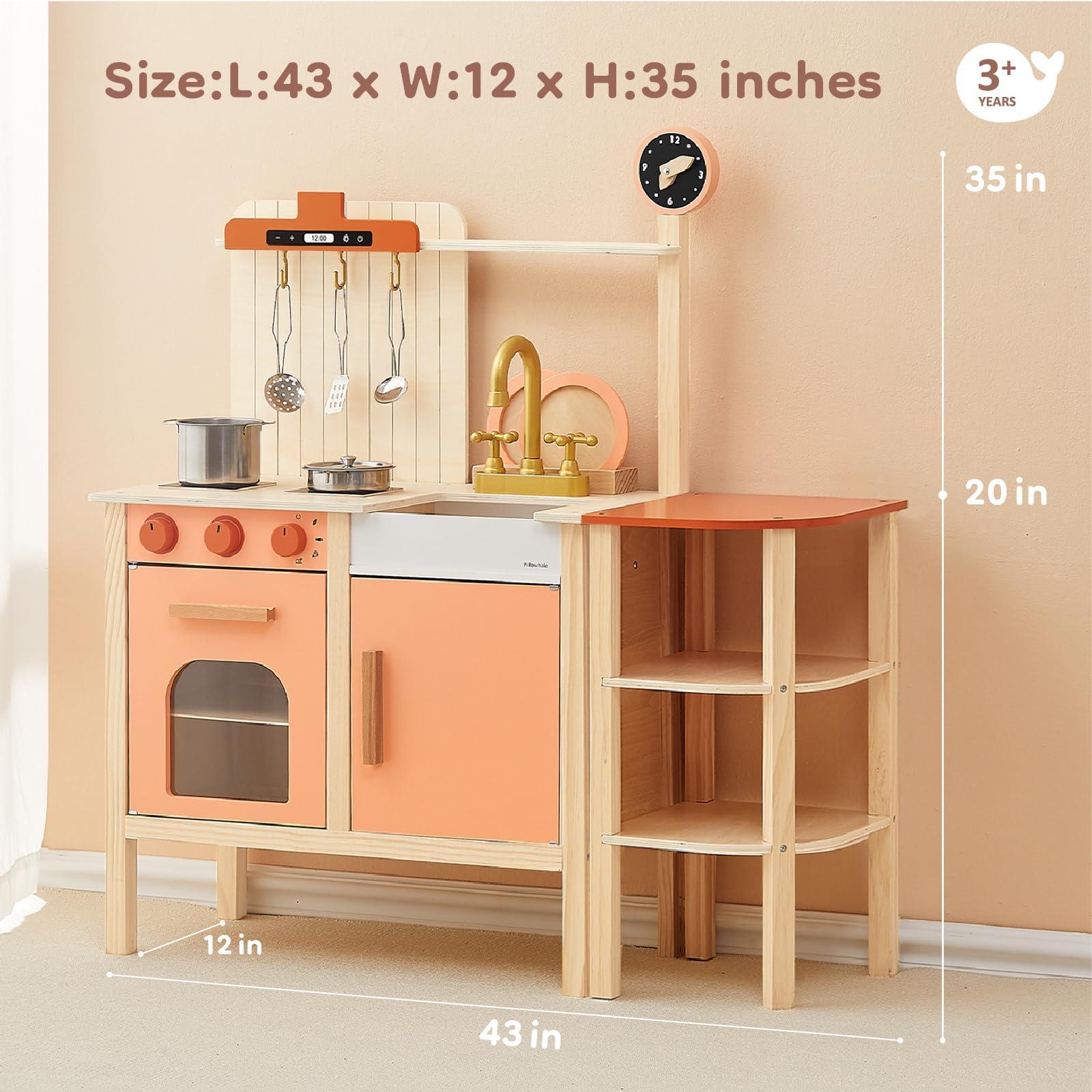 Pillowhale Pillowhale Play Kitchen Set, Wooden Toy Kids Kitchen Playset, Pretend Toddler Kitchen with Play Dishes Play Sink Microwave Oven Cookware Accessories Playset,Best Gift for Girls Boys 3+ Year Old(Red)