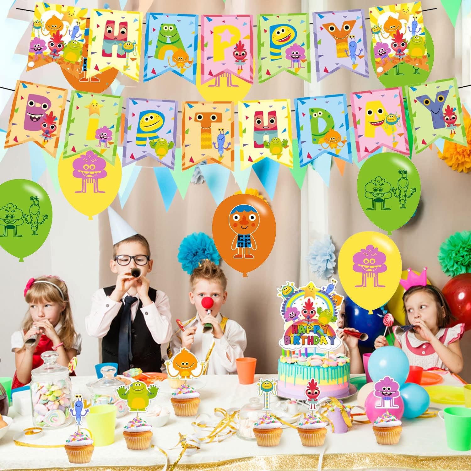 KGNZUIZIU Super Simple Songs Birthday Party Decorations, Cartoon Kids Songs Party Supplies with Happy Birthday Banner, Cupcake Cake Toppers, Balloons for Kids Birthday Party Baby Shower Decorations