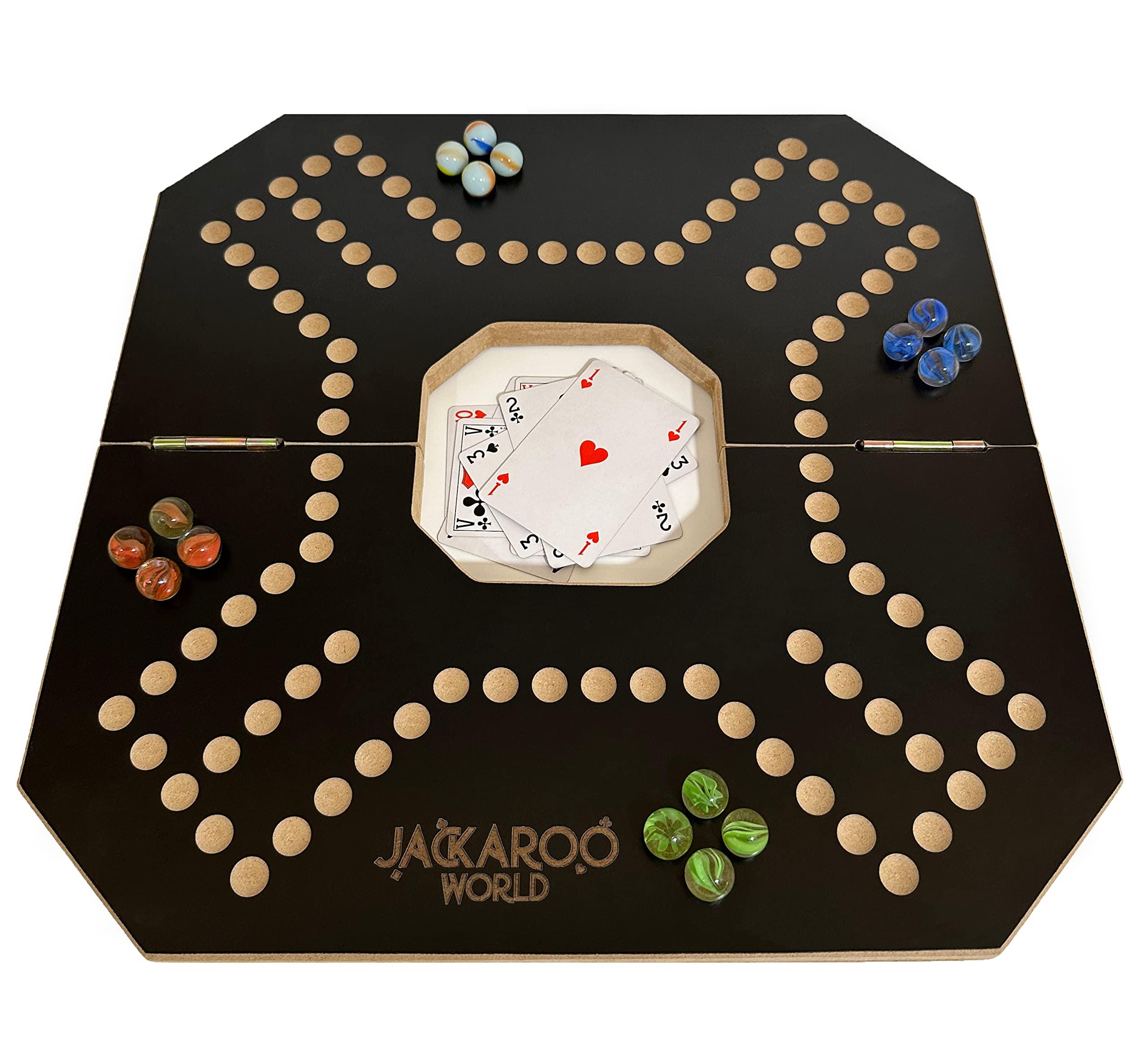 Jackaroo World Jackaroo Board Game - 2-4 Player Cards and Marbles Board Game - Marble Chase Game - Joker Game Board with Marbles - Marbles and Jokers Board Game Wooden Board Foldable and Open in The Middle (Black)