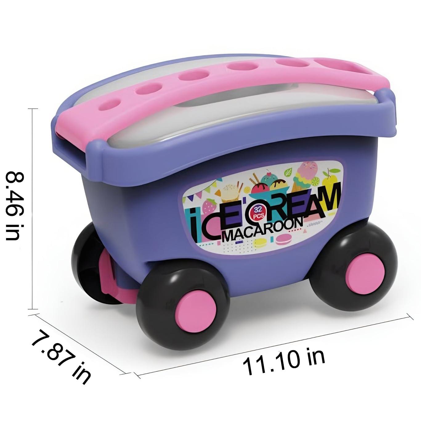 Liberty Imports 32 PCS Ice Cream Cart Toys for Toddlers, Kids Pretend Play Food Scoop & Serve Macaroon Dessert Set, Kitchen Accessories Icecream Shop Wagon