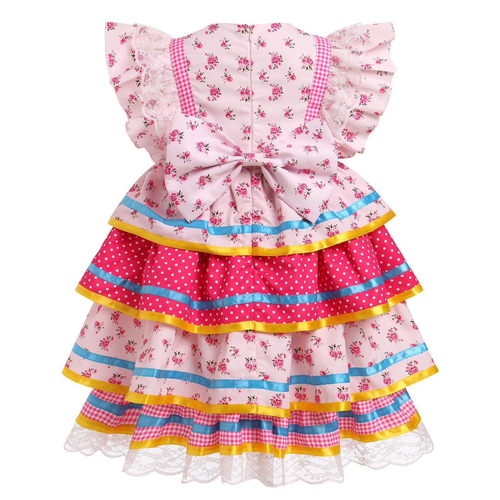 ABEWIP ABEWIP Traditional Mexican Dress for Girl Toddler Kids Cinco De Mayo Ruffle Tiered Dresses with Hair Clips Pink 18-24M