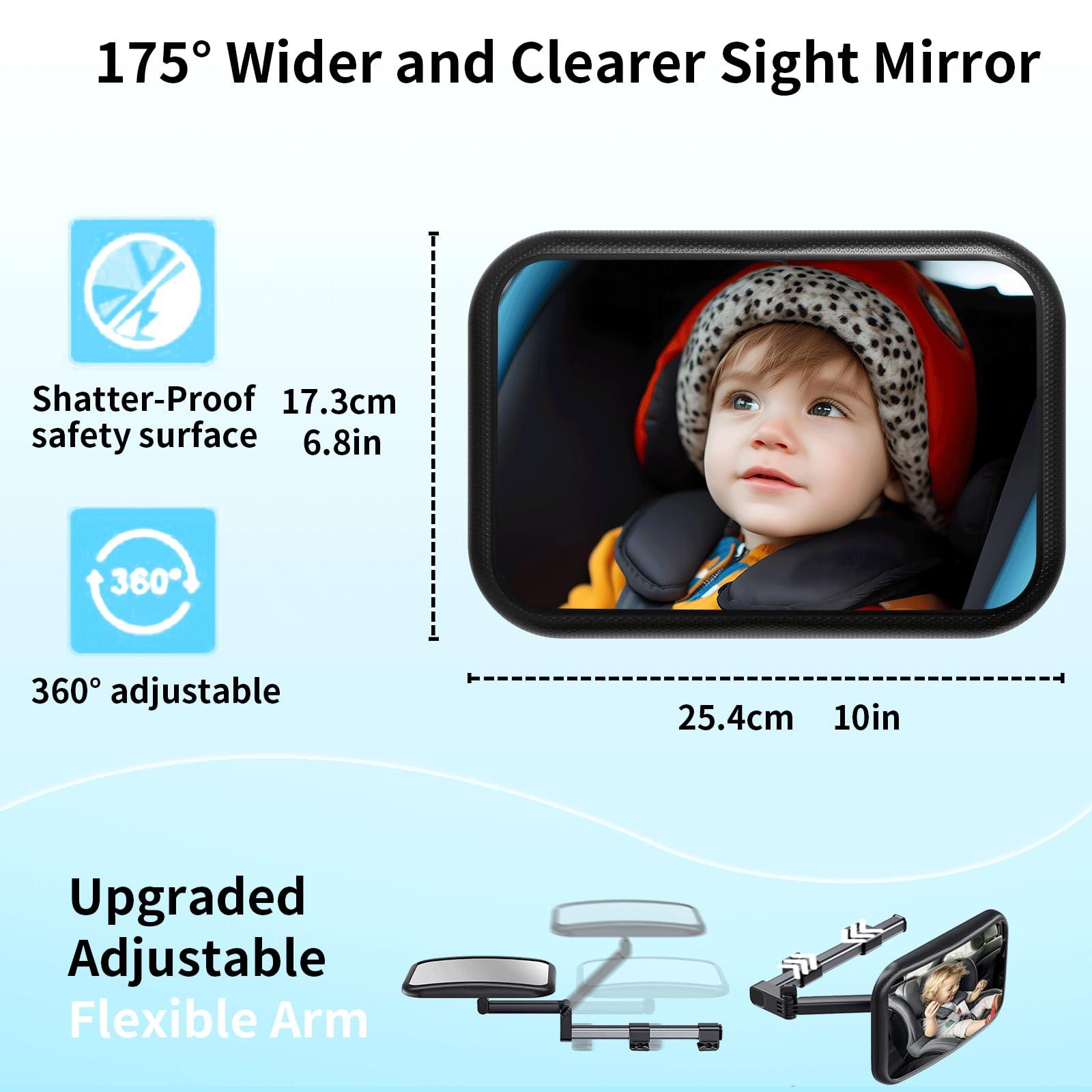 TDFERAN Baby Car Mirror Rear Facing, Safety Adjustable Car Seat Mirror for Baby Extendable Baby Car Mirror Large Car Mirror for Baby with Hook Clip Design + 2 Baby on Board Stickers,2 Car Seat Headrest Hook