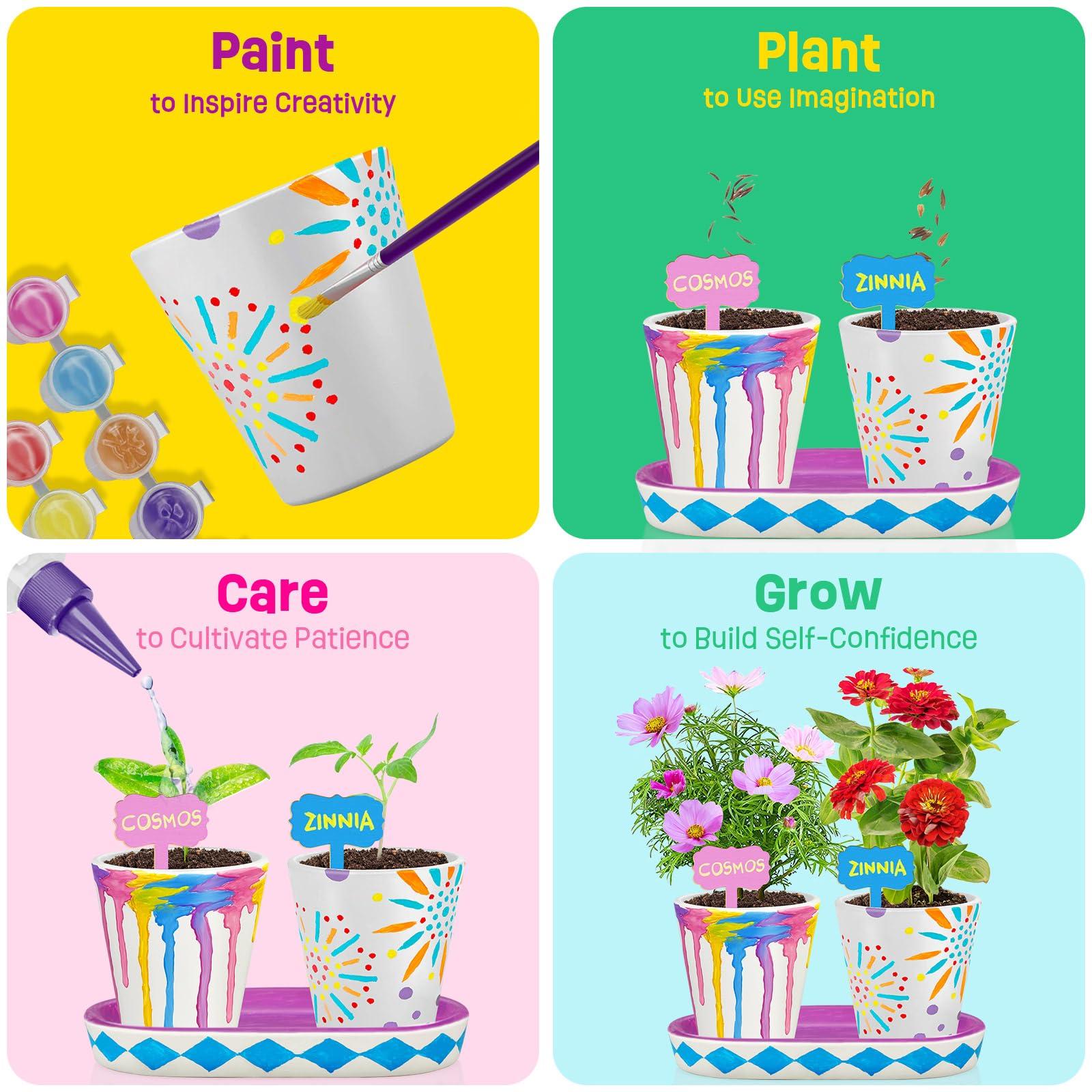 Tekoly 4 Set Paint & Plant Flower Gardening Kit - Gifts for Girls Ages 8-12, Arts and Crafts for Kids Ages 8-12, Kids Gardening Set, Birthday Toys Christmas Gifts for Girls Boys Ages 4 5 6 7 8 9 10 11 12