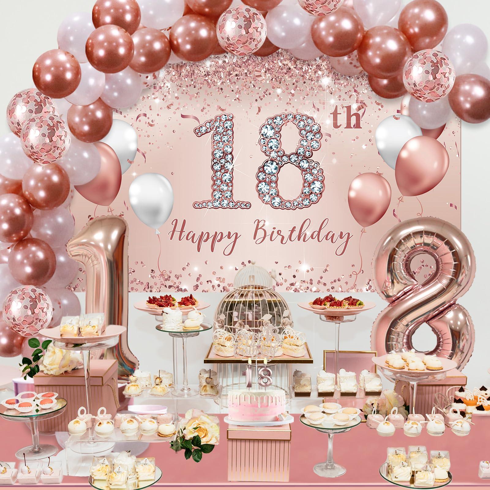 Trgowaul Trgowaul 18th Birthday Decorative Balloon Set Women\'s Arch, Rose Gold 18th Birthday Banner and Party Tablecloth, Belt and Tiara, Pink Gold 18th Balloon, Pink Birthday Cake Top, Latex Balloon * 60