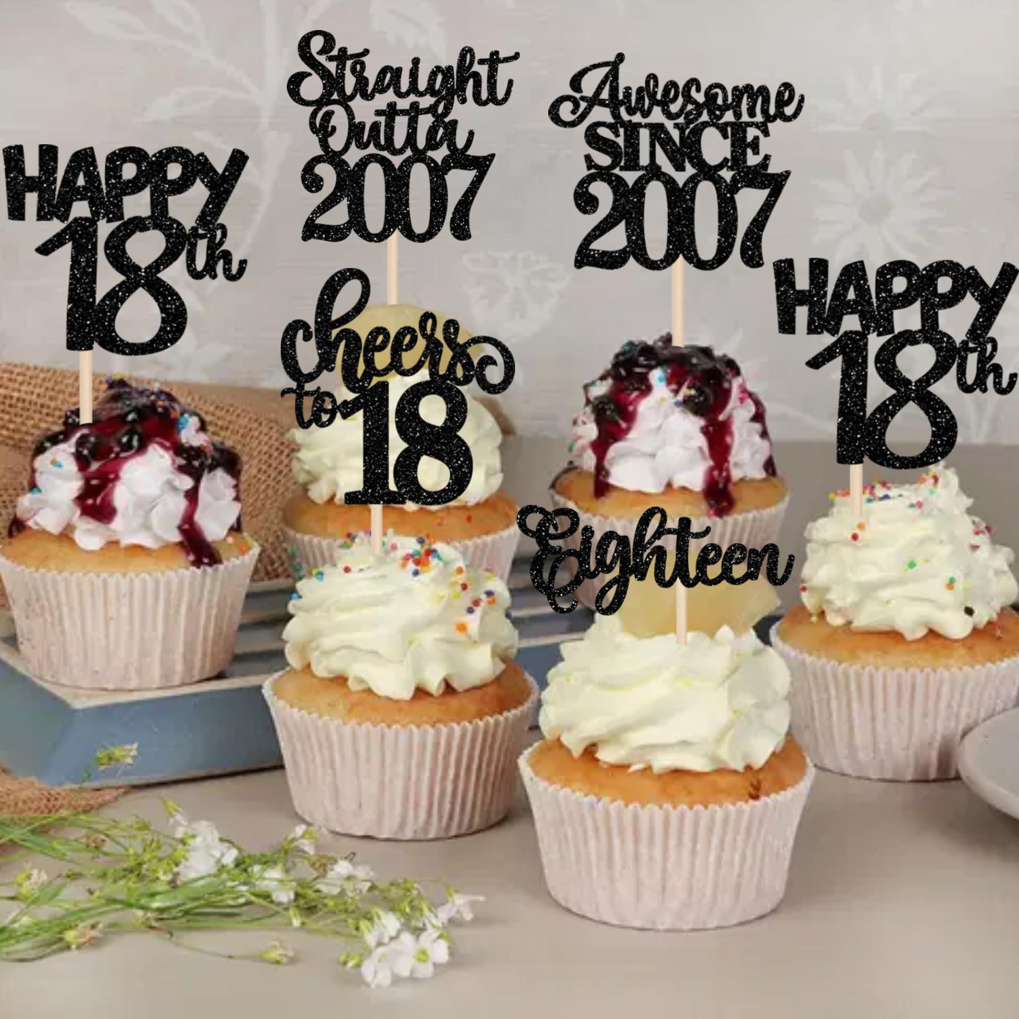 YCTHUNFISH 30 Pack 18th Birthday Cupcake Toppers Glitter Straight Outta 2007 Happy 18th Eighteen Awesome Since 2007 Cupcake Picks 18 Fabulous Cake Decorations for 18th Birthday Wedding Anniversary Party Black