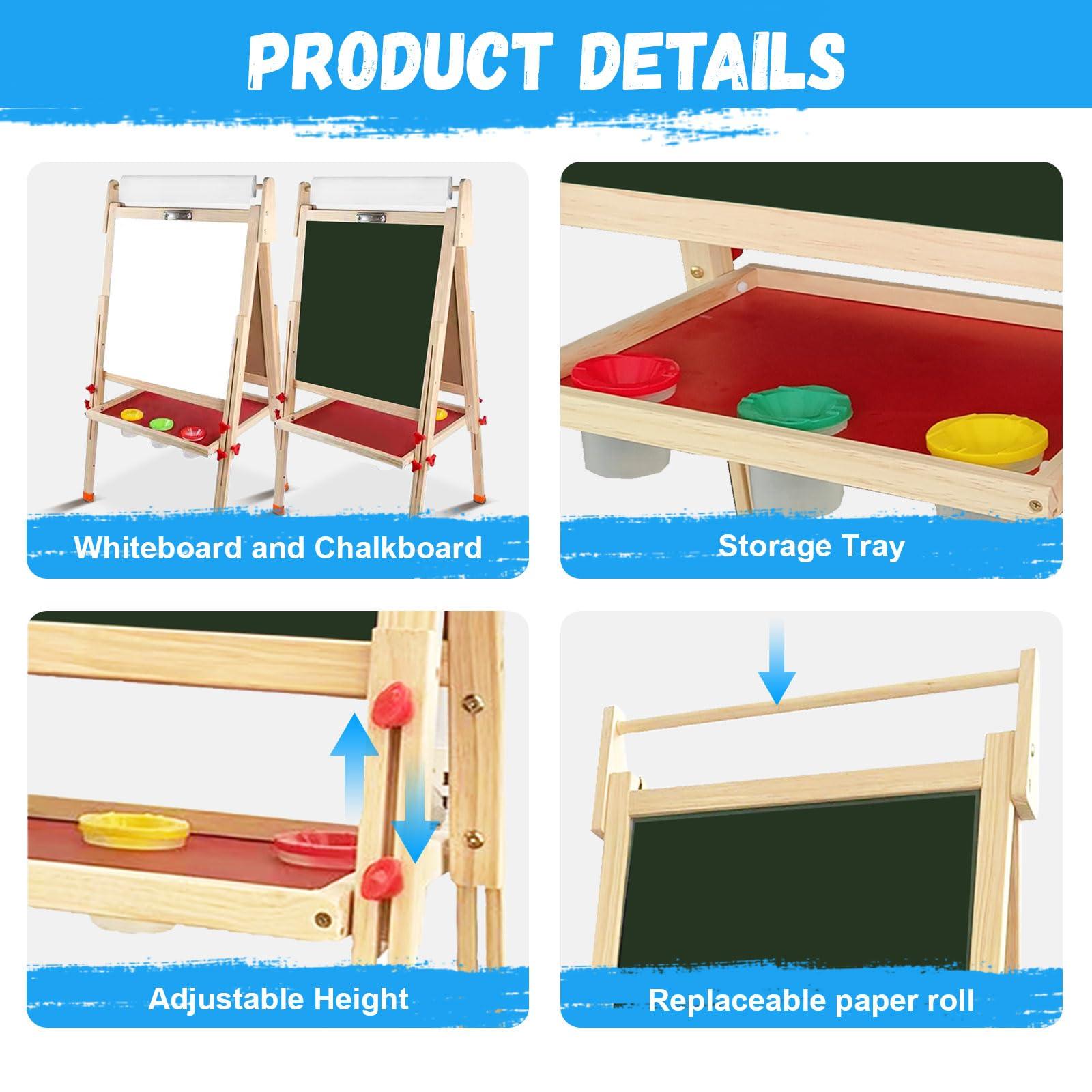 Hereinway Easel for Kids Including 100+ Accessories - White Board for Kids and Black Board Double Sided Adjustable Wooden Kids Easel with 1 Drawing Paper Roll Wooden Magnetic Drawing Board for Kids