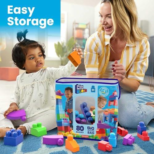 Mega MEGA BLOKS First Builders Toddler Blocks Toys Set, Big Building Bag with 80 Pieces and Storage, Blue, Ages 1+ Years