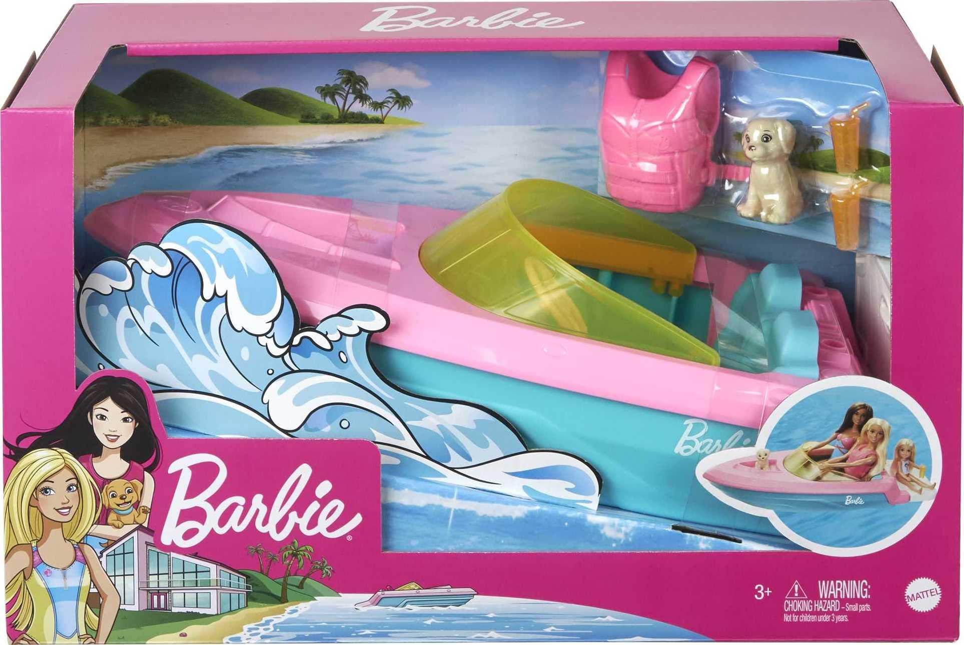 Barbie Barbie Toy Boat with Pet Puppy, Life Vest and Beverage Accessories, Fits 3 Dolls and Floats in Water