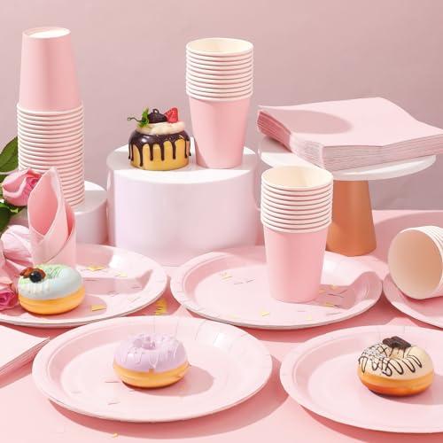 Hushee Hushee 200 Pcs Pink Party Supplies Set Pink Paper Plate and Napkins Serves 50 Guests Pink Disposable Plates Napkins Cups for Baby Shower Decorations for Girl, Pink Party Decorations