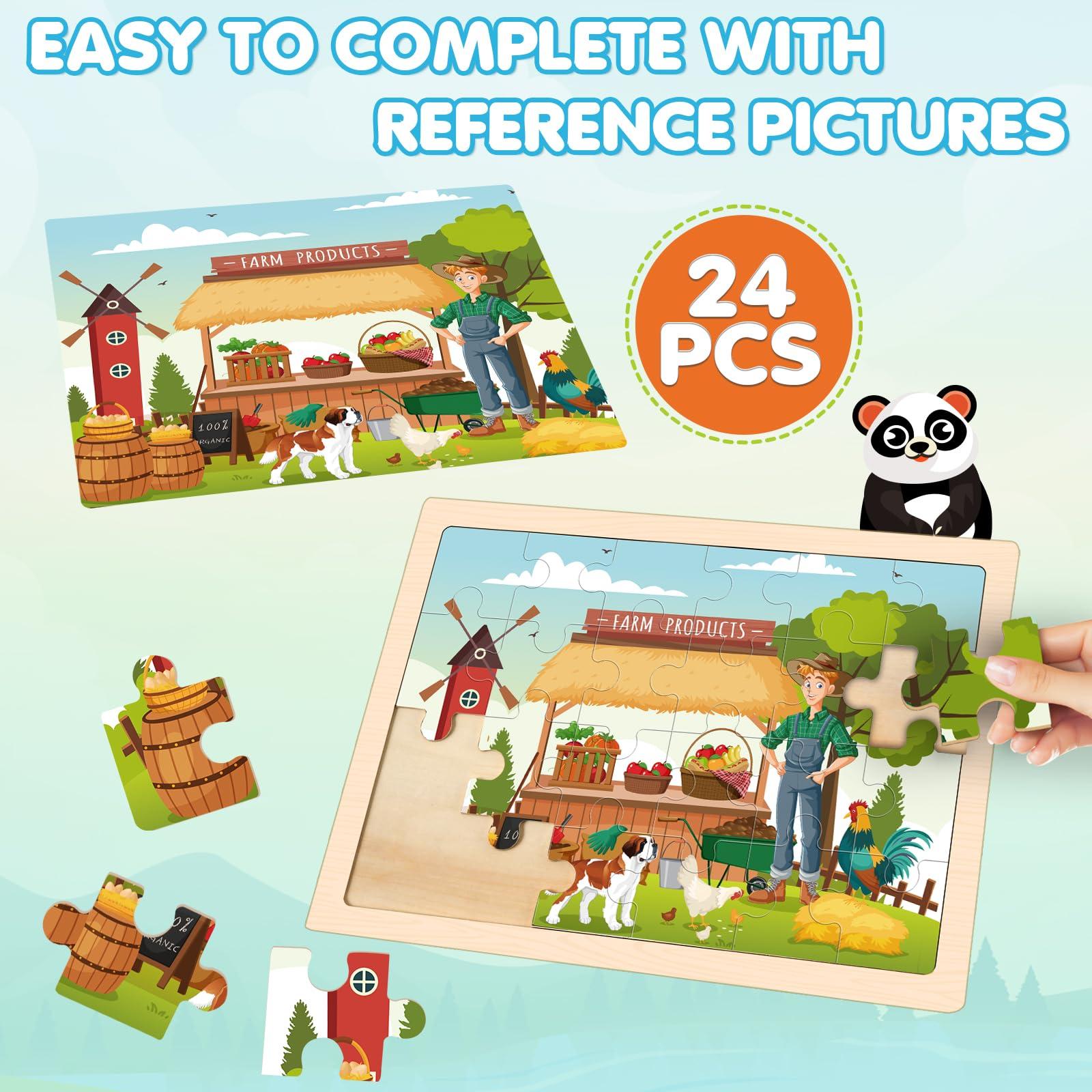 Duchong 4-in-1 Farm Wooden Puzzles for Kids Ages 4-6, 24 PCS Wooden Jigsaw Puzzles for Toddlers Ages 2-4, Preschool Educational Puzzles Boards Toys Gifts for 3 4 5 6 Boys Girls