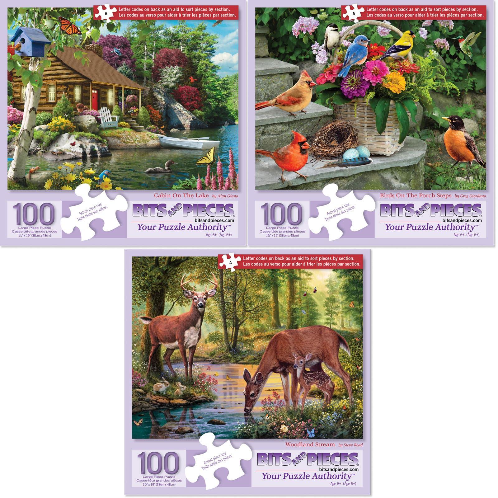 Bits and Pieces Bits and Pieces - Value Set of Three (3) - 100 Piece Jigsaw Puzzles for Seniors - Lettered Large Piece 100 pc Nature Jigsaws Bundle - 15 x 19 Each